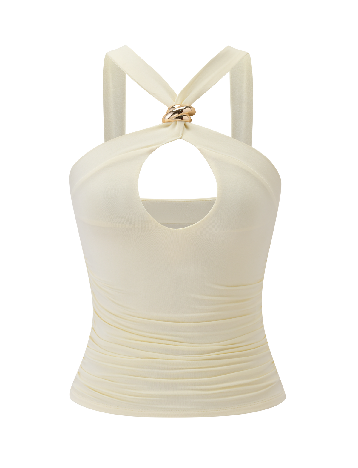 The FINCH TOP - CREAM by TIGERMIST features wide crisscross straps, a twisted gold ring at the neckline, a keyhole cutout, and slightly ruched fabric for a flattering, fitted look.