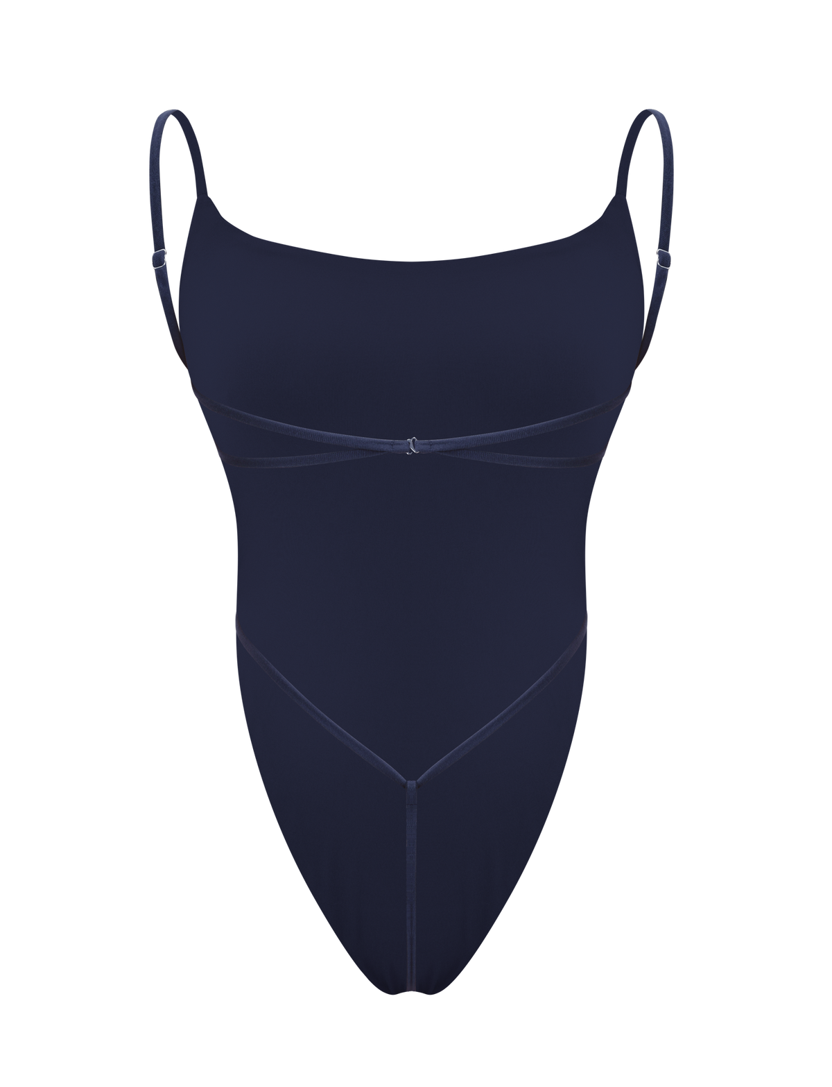 The TIGERMIST MINERVA BODYSUIT - NAVY is a one-piece featuring thin adjustable spaghetti straps and subtle seam detailing, shown against a plain white background.