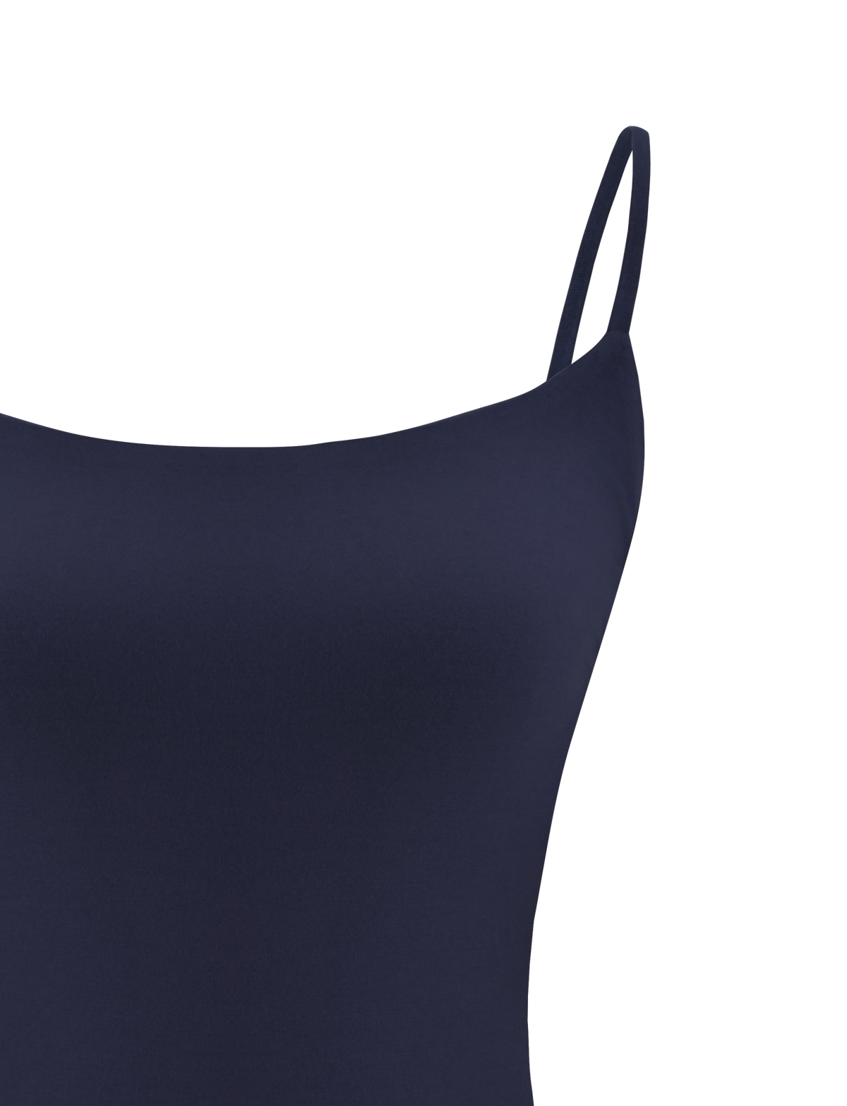 Close-up of the TIGERMIST MINERVA BODYSUIT in navy, featuring thin spaghetti straps, set against a plain white background.