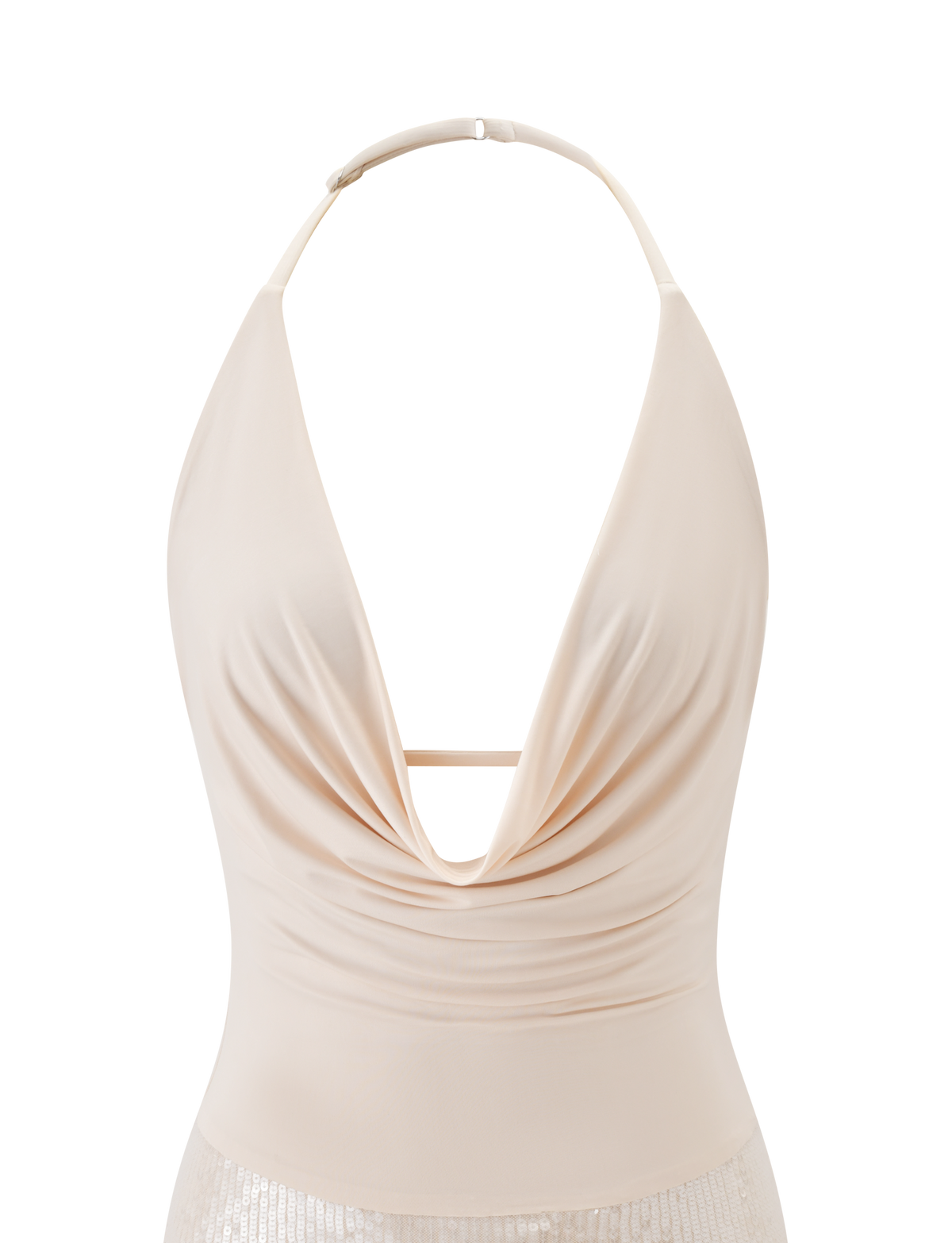 The THARA MINI DRESS in cream by TIGERMIST features a deep cowl neckline, adjustable halter neck, and thin neck strap, showcased against a plain white background.