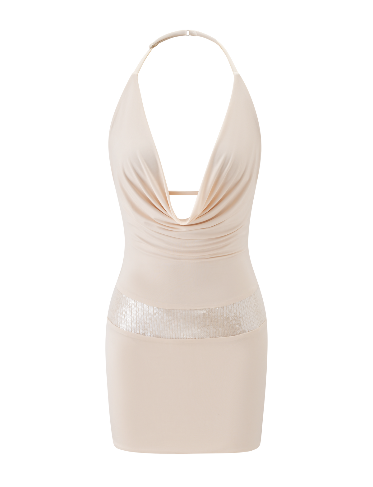 The THARA MINI DRESS by TIGERMIST is a sleeveless cream mini dress with an adjustable halter neck, deep plunging neckline, draped front, and shimmering sequin waist panel for a touch of allure.