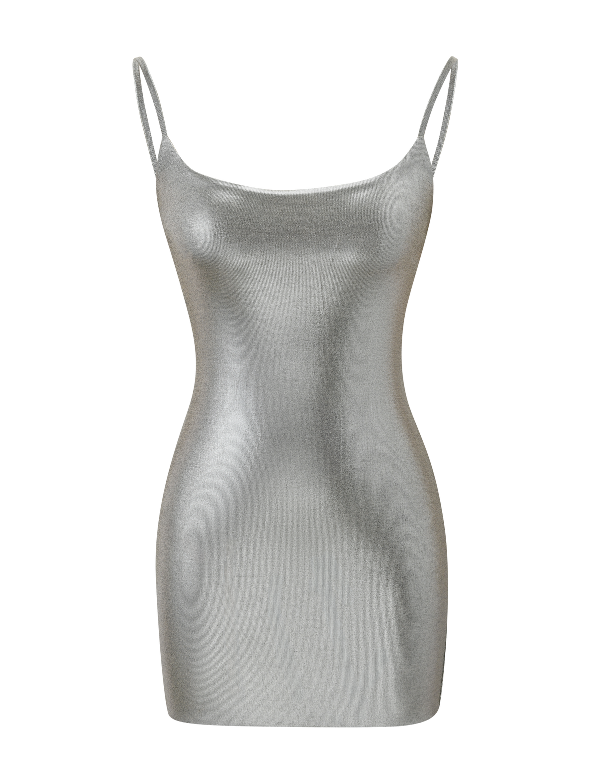 The TIGERMIST MINERVA MINI DRESS 2.0 - LIQUID SILVER features a metallic silver bodycon fit, adjustable shoulder straps, and a sleek silhouette, shown against a plain white background.