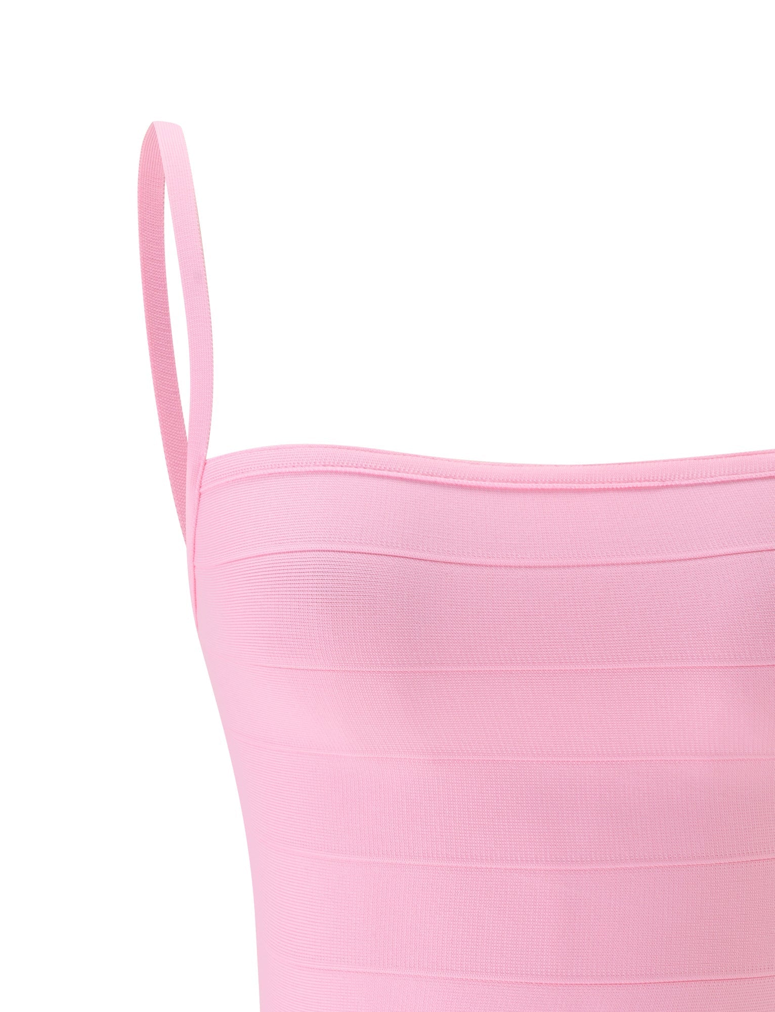 Close-up of the MIDORI BANDAGE TOP by TIGERMIST in baby pink, featuring a sleeveless, fitted design with thin shoulder straps and a horizontal ribbed texture that highlights its flattering bodycon fit.