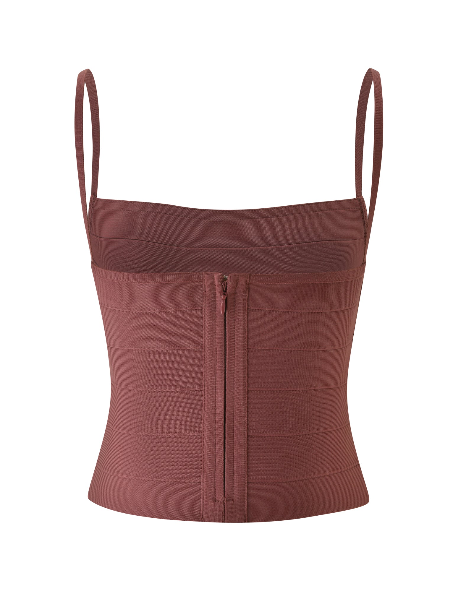 The MIDORI BANDAGE TOP - COCOA by TIGERMIST is a cocoa brown, fitted bandage tank top featuring thin straps and a front zipper closure, designed for a waist-cinching effect, shown on a white background.