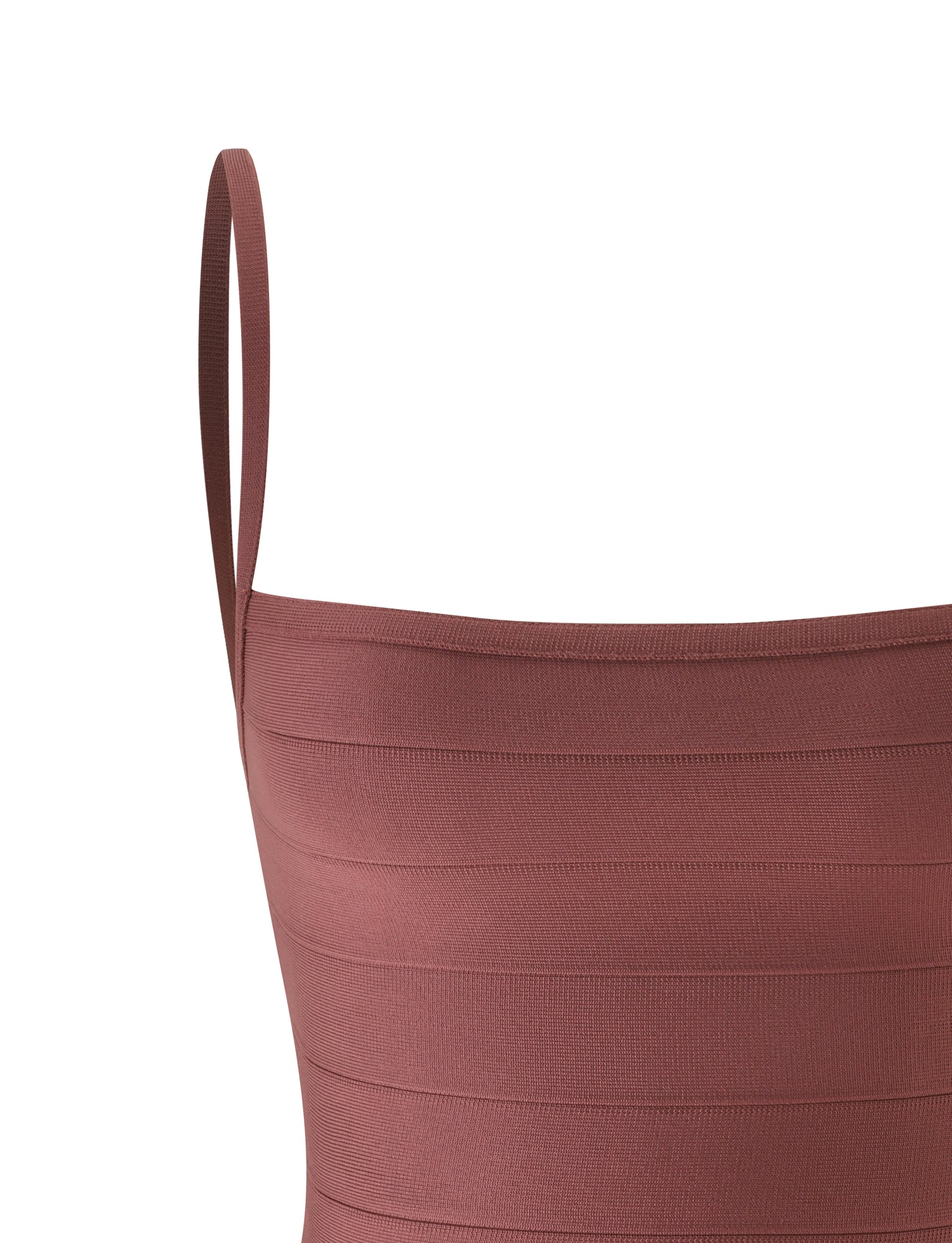 Close-up of the TIGERMIST MIDORI BANDAGE TOP in cocoa, featuring a ribbed texture and thin shoulder straps, shown from the side against a plain white background.