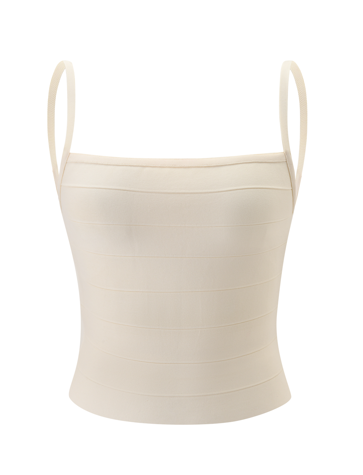 The MIDORI BANDAGE TOP by TIGERMIST is a cream, fitted, sleeveless top featuring thin straps and a seamless design, shown against a plain white background.