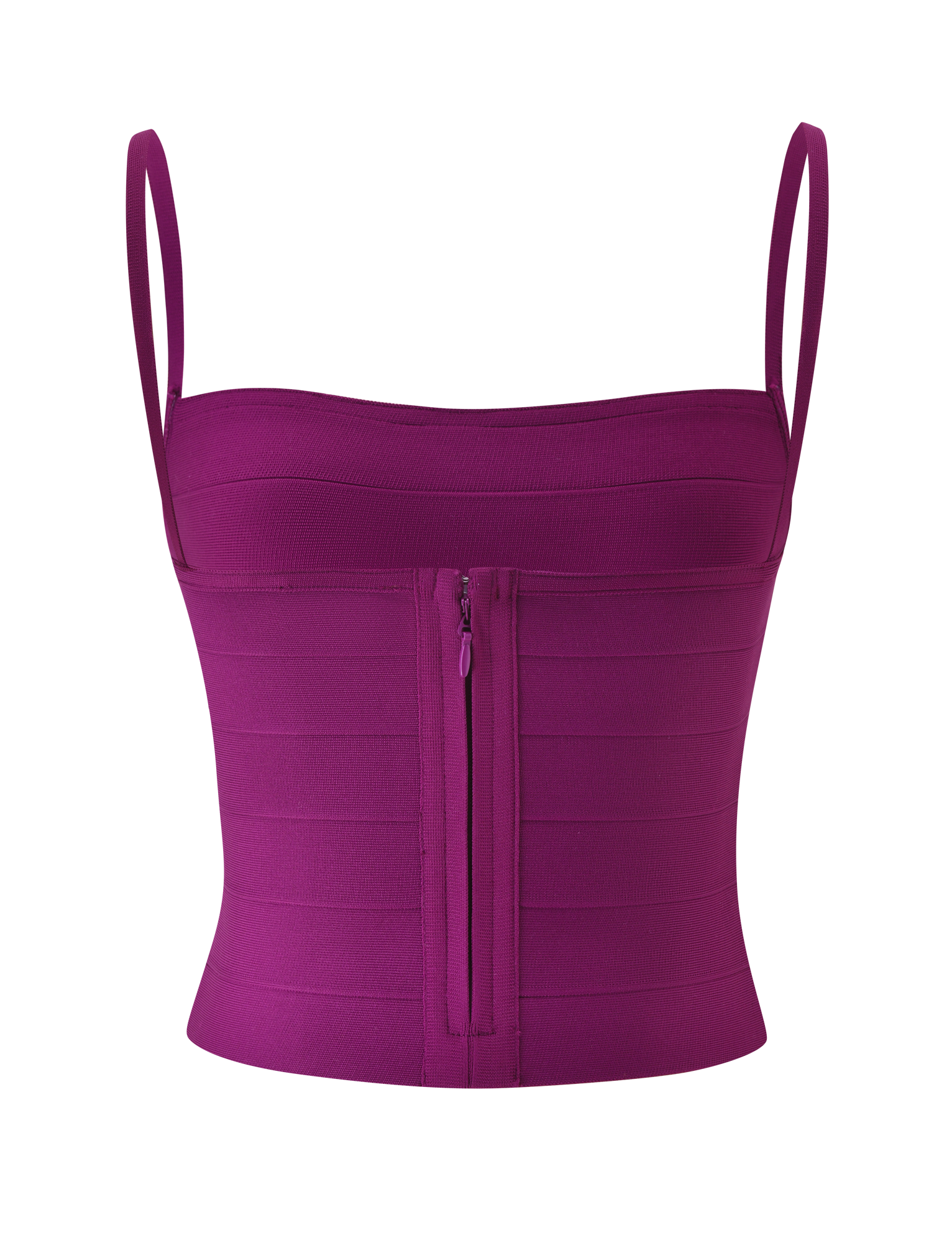 The MIDORI BANDAGE TOP by TIGERMIST in plum features a square neckline, thin shoulder straps, and a front zipper closure, shown against a white background.