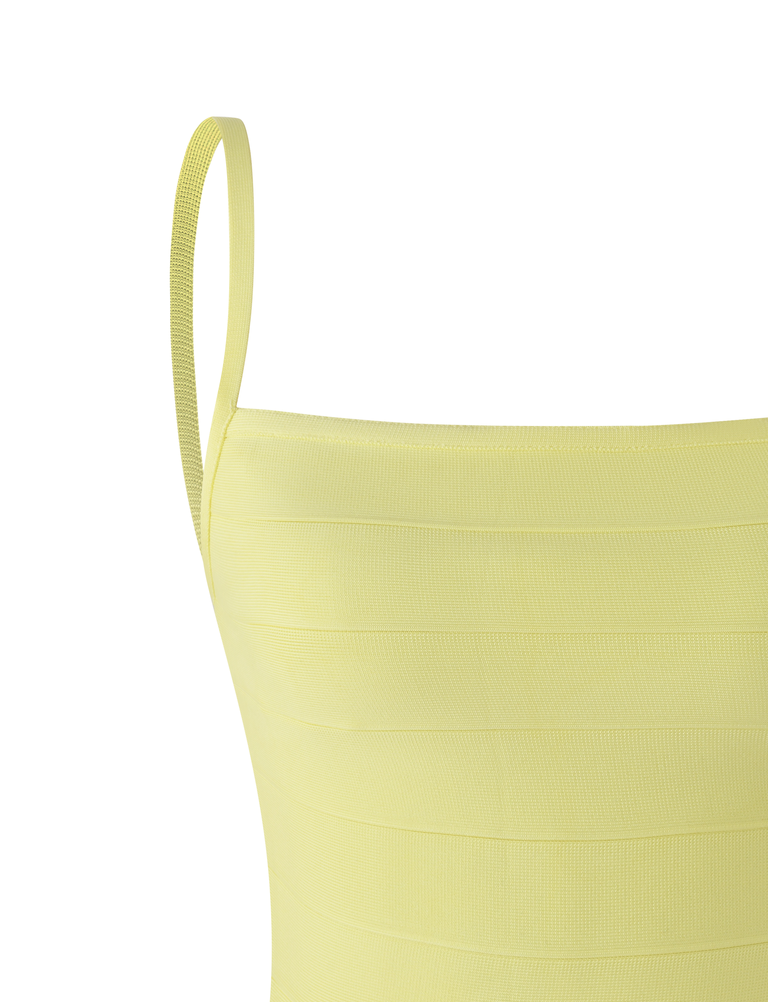 Close-up of the TIGERMIST MIDORI BANDAGE TOP in yellow, featuring thin shoulder straps, sleeveless design, ribbed textured fabric, and a cinched waist detail against a plain white background.