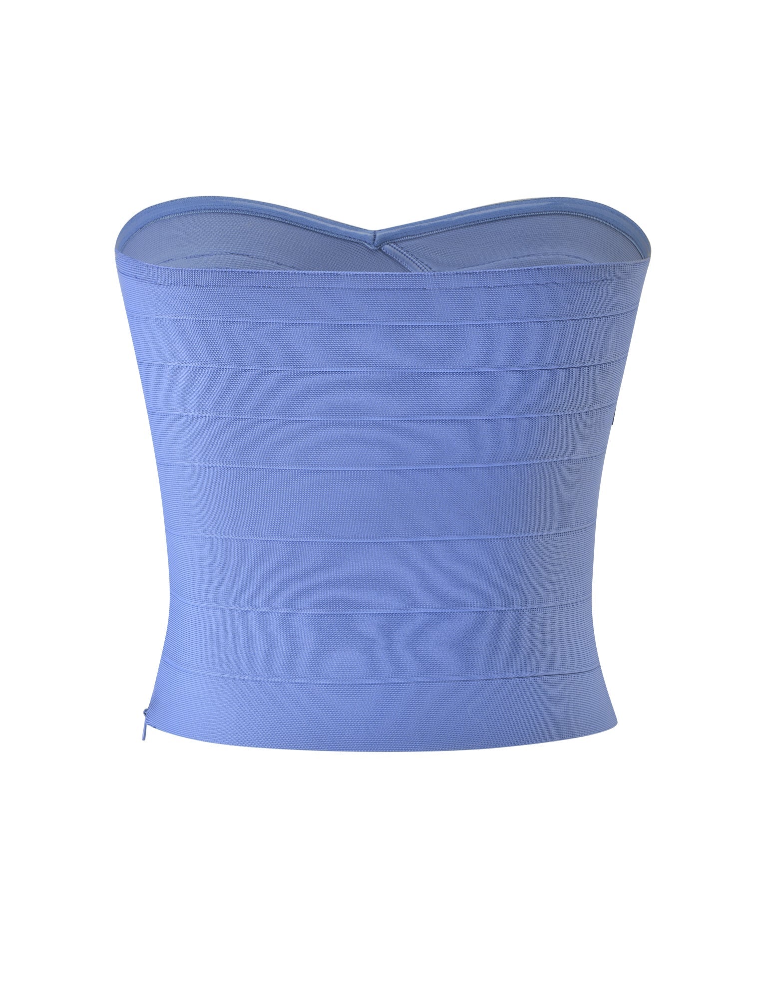 The NIYA BANDAGE TOP in Cornflower Blue by TIGERMIST is a strapless, fitted corset top featuring a subtle sweetheart neckline, showcased against a plain white background.