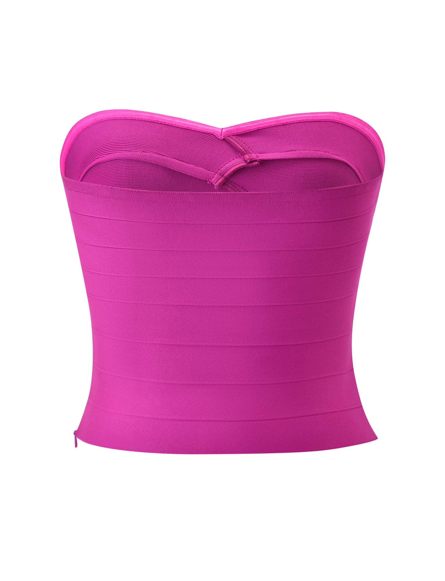 The NIYA BANDAGE TOP by TIGERMIST features a bold magenta hue, strapless sweetheart neckline, and horizontal paneling for a fitted look, shown against a white background.