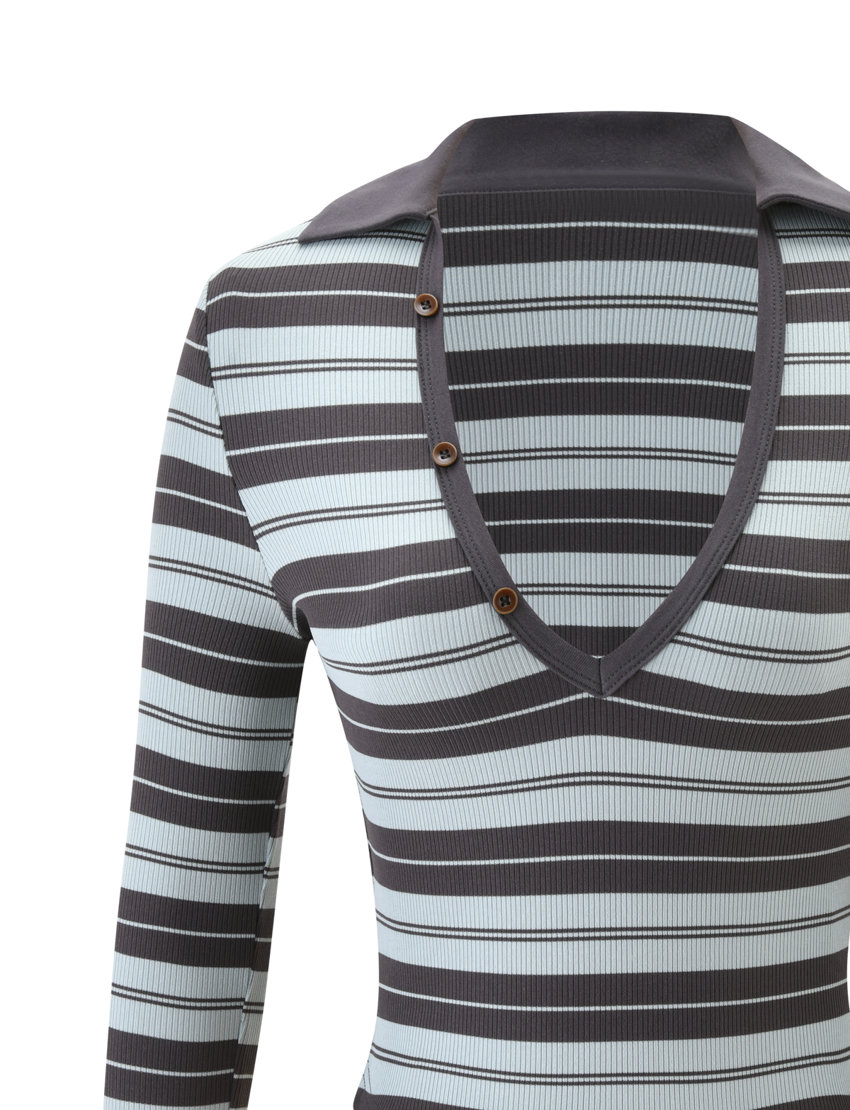 Close-up of the KAYDIN LONG SLEEVE TOP - BLUE STRIPE by TIGERMIST, a long sleeve shirt with horizontal black and blue stripes, deep V-neckline, three brown buttons on a partial placket, and a dark gray collar.