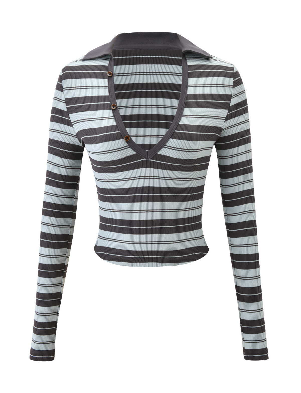 The KAYDIN LONG SLEEVE TOP - BLUE STRIPE by TIGERMIST features horizontal black and blue stripes, a deep V-neckline, pointed collar, long sleeves, and stylish side buttons.