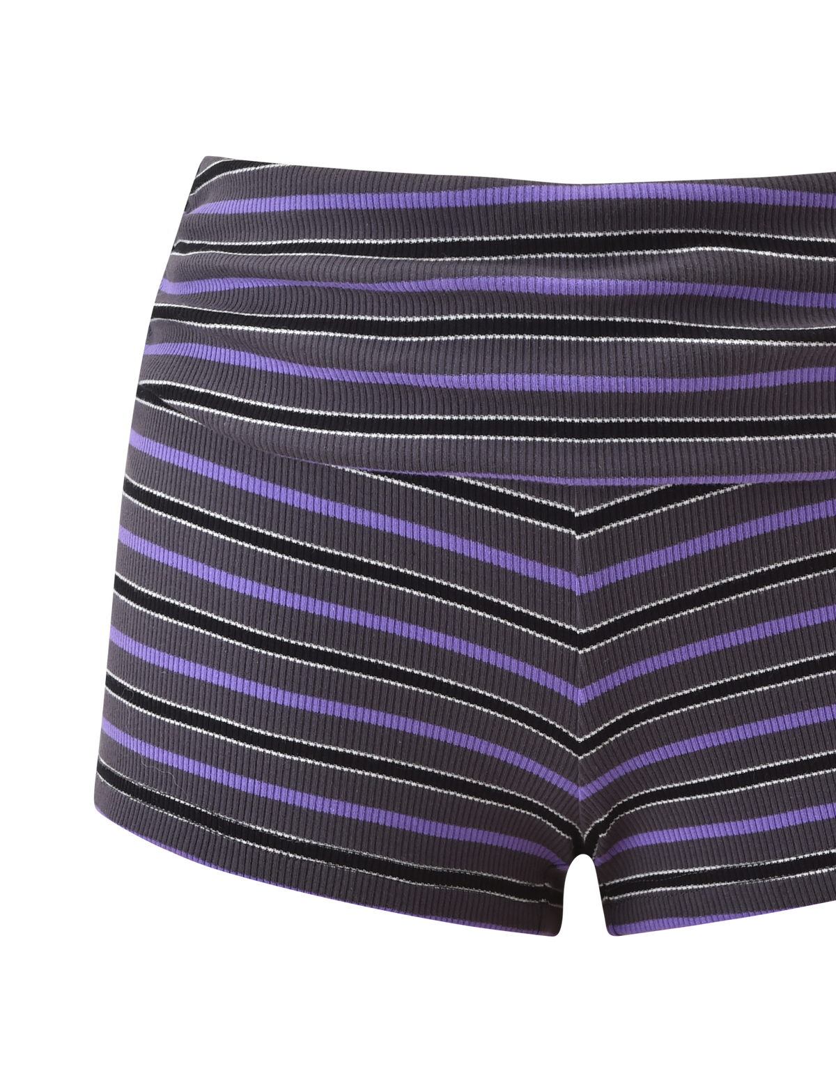 Close-up of TIGERMIST's CERYS RIB SHORT - GREY STRIPE, a fitted, ribbed knit super mini short featuring horizontal black, purple, and white stripes on a white background.