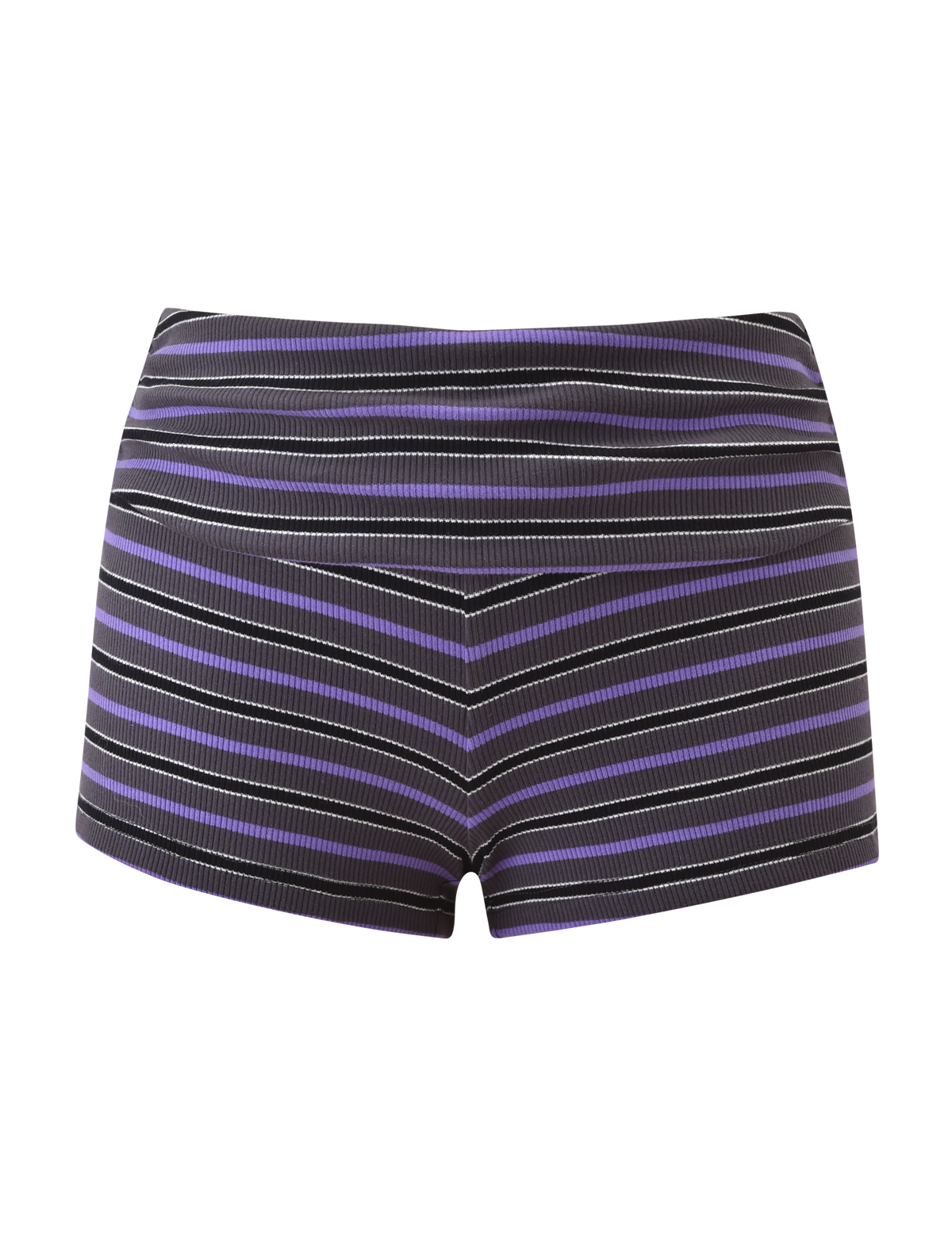 The CERYS RIB SHORT by TIGERMIST features high-waisted, super mini grey striped shorts with a foldover waistband, shown against a plain white background.
