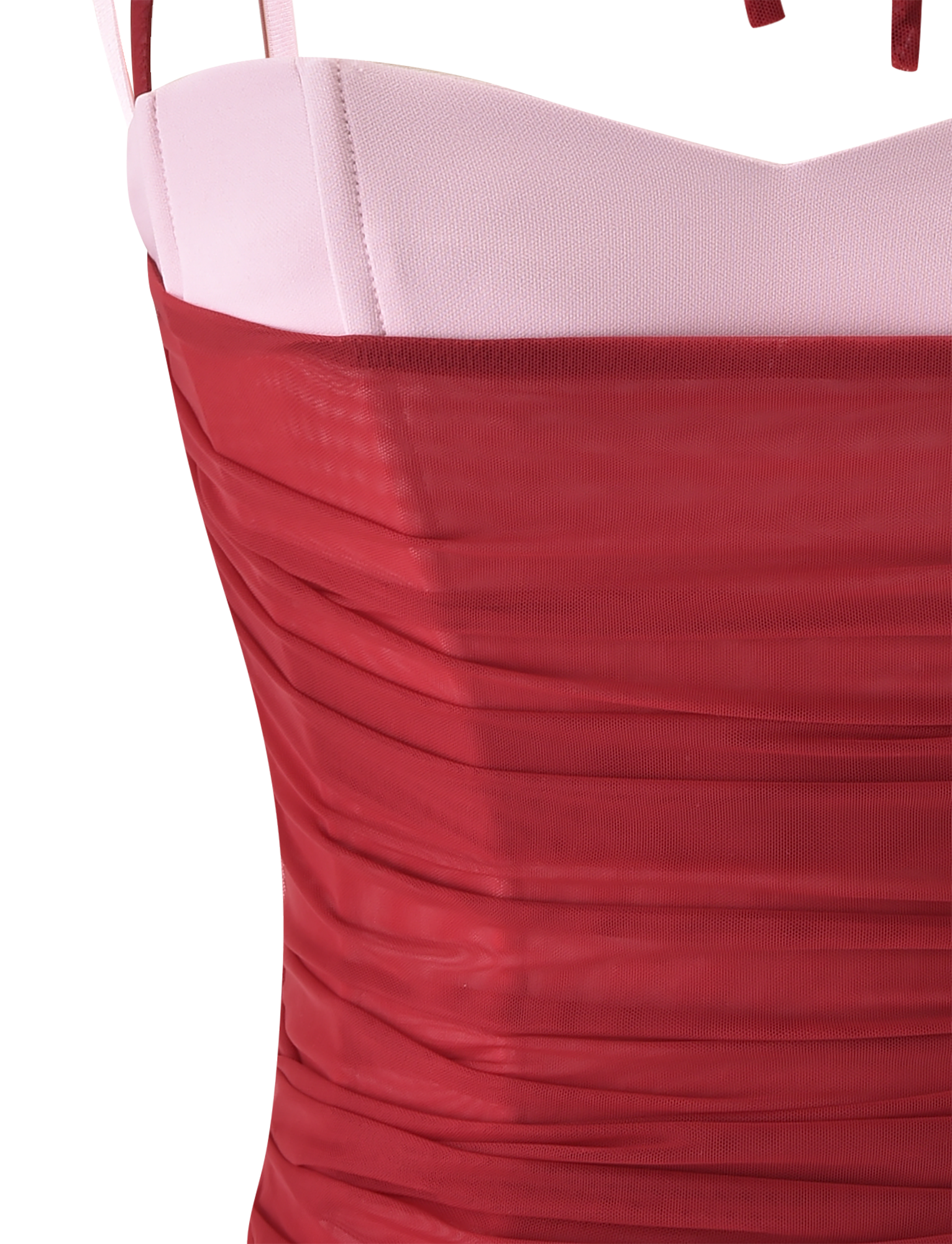 Close-up of the CALINE RUCHED CORSET by TIGERMIST, featuring a strapless pink bodice with a red ruched mesh overlay for added texture, pleated detailing, and visible seams.