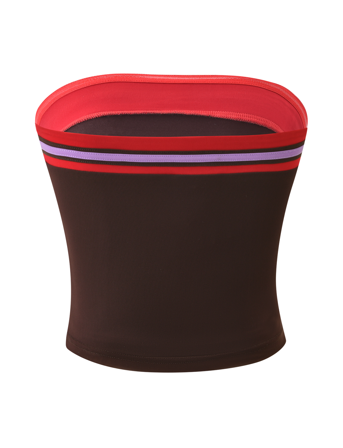 The TIGERMIST SERAH DIAMANTE BOOB TUBE in chocolate features a strapless, fitted design with a red upper trim and horizontal purple and red stripes near the top, shown against a white background.