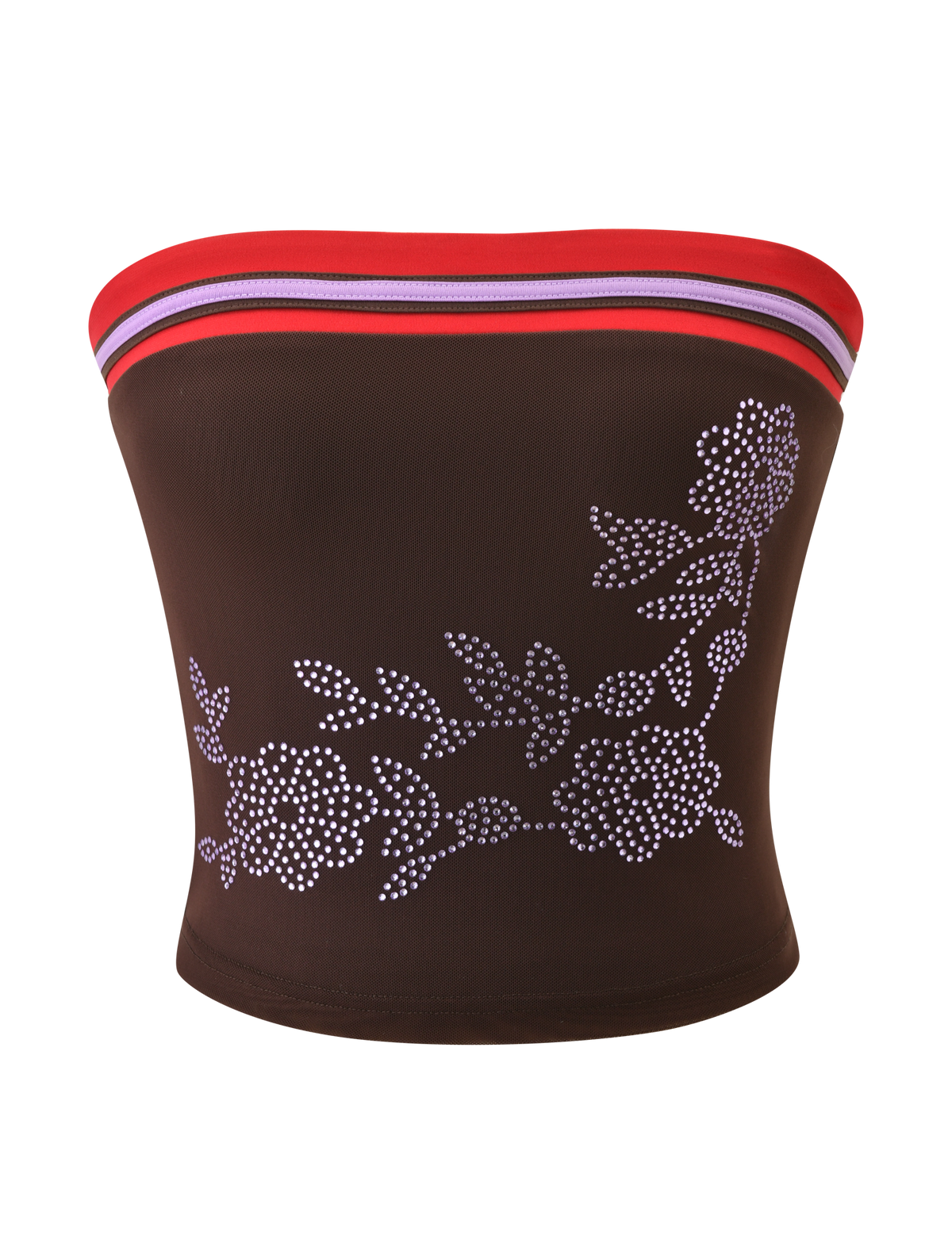 The SERAH DIAMANTE BOOB TUBE - CHOCOLATE by TIGERMIST features a chocolate brown, strapless design with sparkling diamante accents, inspired by classic floral mesh boob tube styles.