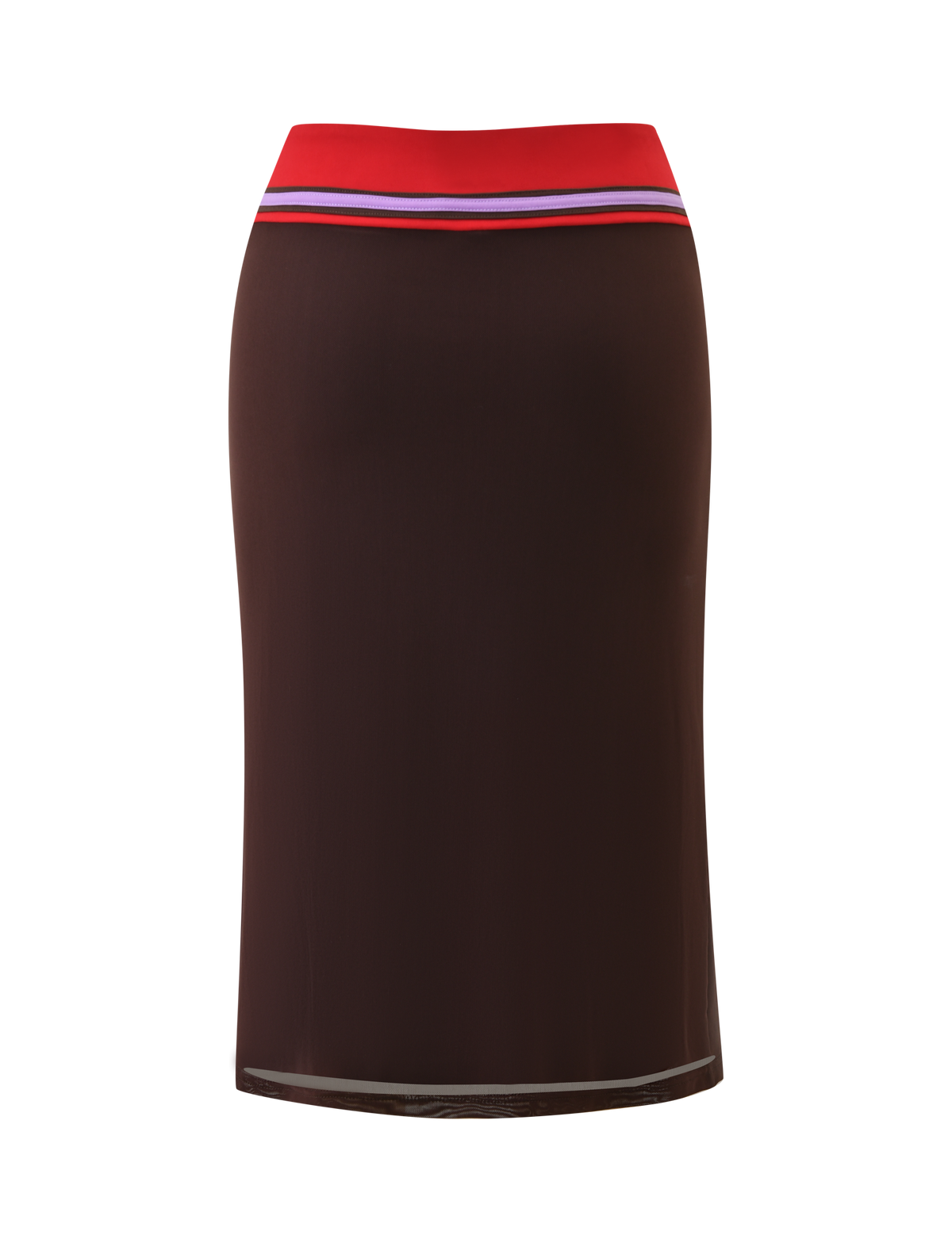 The SERAH DIAMANTE MIDI SKIRT - CHOCOLATE by TIGERMIST is a knee-length, fitted brown skirt with a high waist and a red waistband accented by blue and white stripes, offering a sleek 90’s column silhouette with no visible patterns or embellishments.