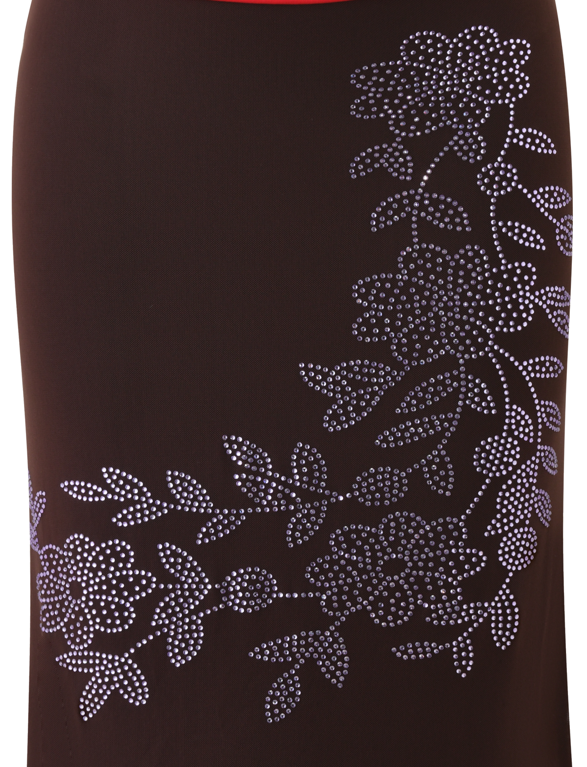 A close-up of the TIGERMIST SERAH DIAMANTE MIDI SKIRT in chocolate highlights its black fabric mesh, adorned with custom floral diamante patterns and clustered white rhinestones, evoking a chic 90's column silhouette.