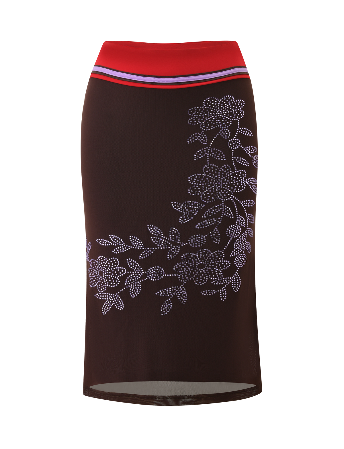 The SERAH DIAMANTE MIDI SKIRT in Chocolate by TIGERMIST is a knee-length, dark brown pencil skirt with a red waistband, blue, white, and red stripes, plus light purple floral designs on one side for a sleek 90's column silhouette.