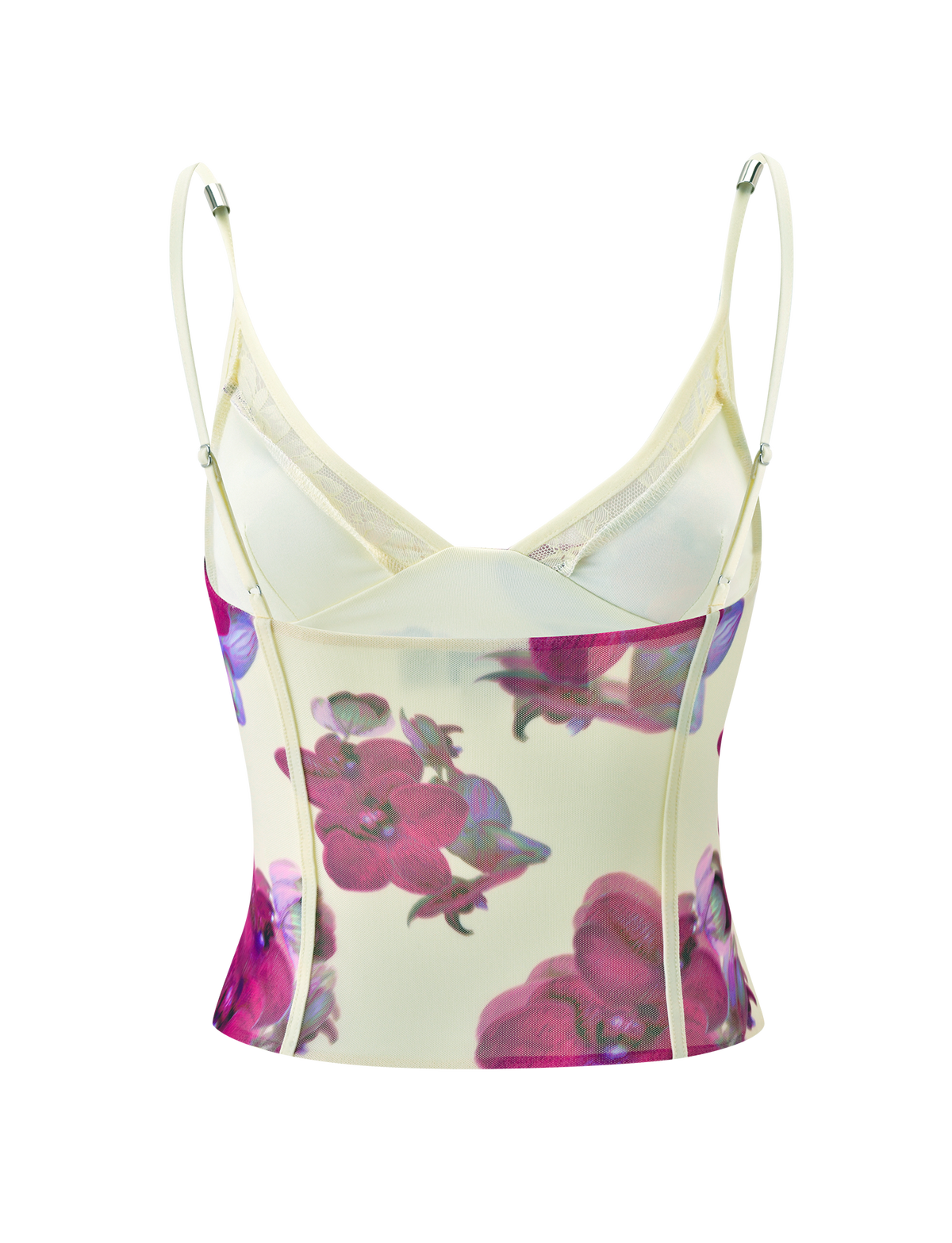 The TIGERMIST LILIAH PANEL CAMI TOP - ORCHID HAZE is a fitted, sleeveless mesh cami with thin adjustable straps, sheer cream fabric, pink orchid print, corseted princess seams, and a slightly flared hem.