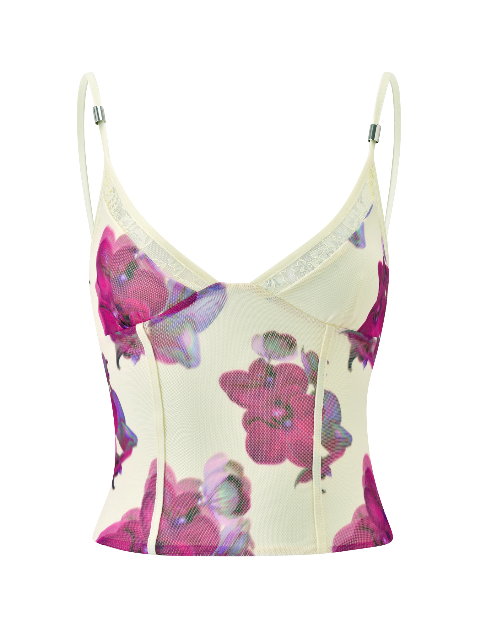 The TIGERMIST LILIAH PANEL CAMI TOP in Orchid Haze is a cream, sleeveless mesh top with thin adjustable straps, vibrant pink and purple orchid print, and white lace trim on the corseted neckline.