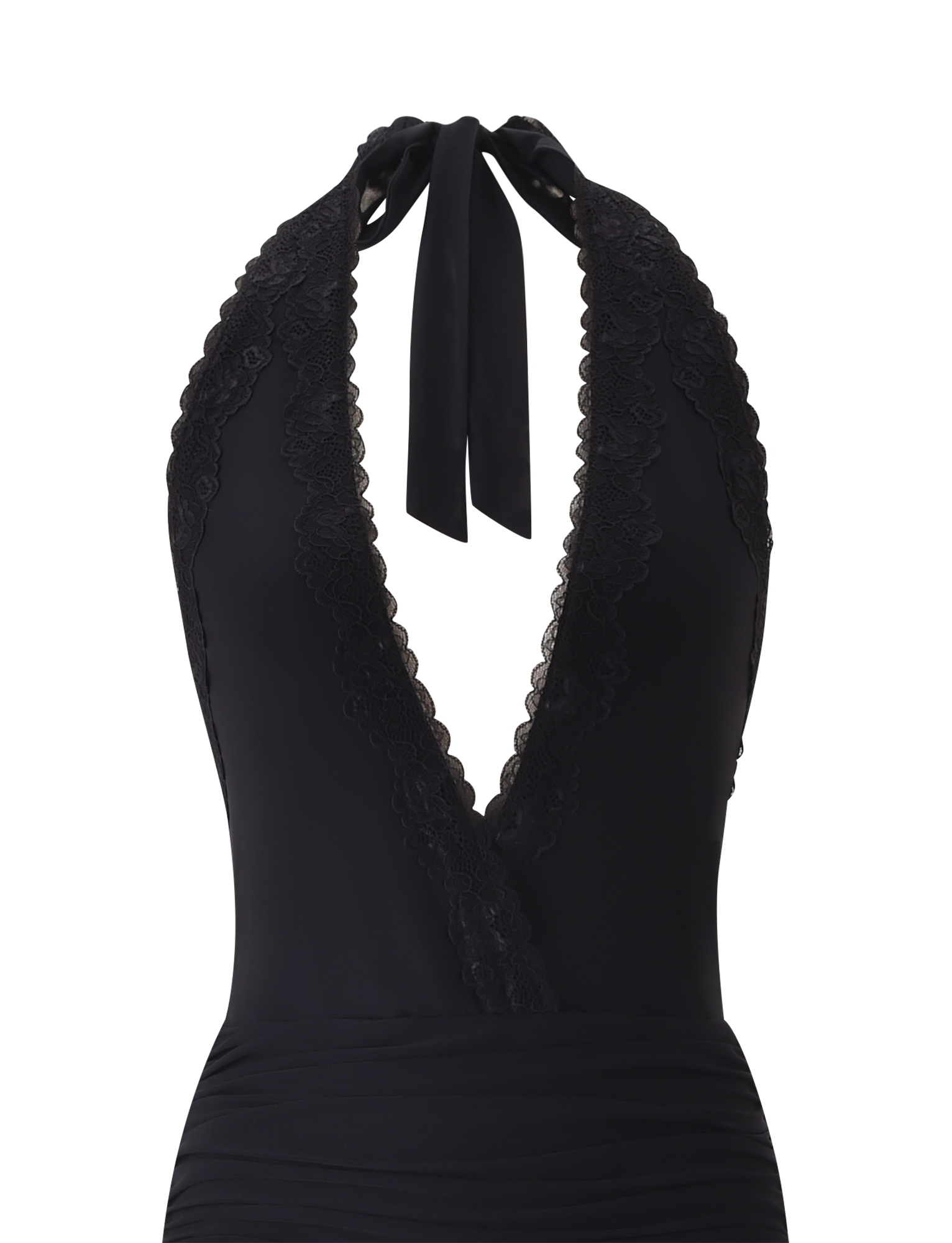 The CORELLE DRESS - BLACK by TIGERMIST features a halter neck with tie straps, a deep V neckline, and lace trim. Its smooth, fitted fabric creates an elegant silhouette reminiscent of a halter dress.