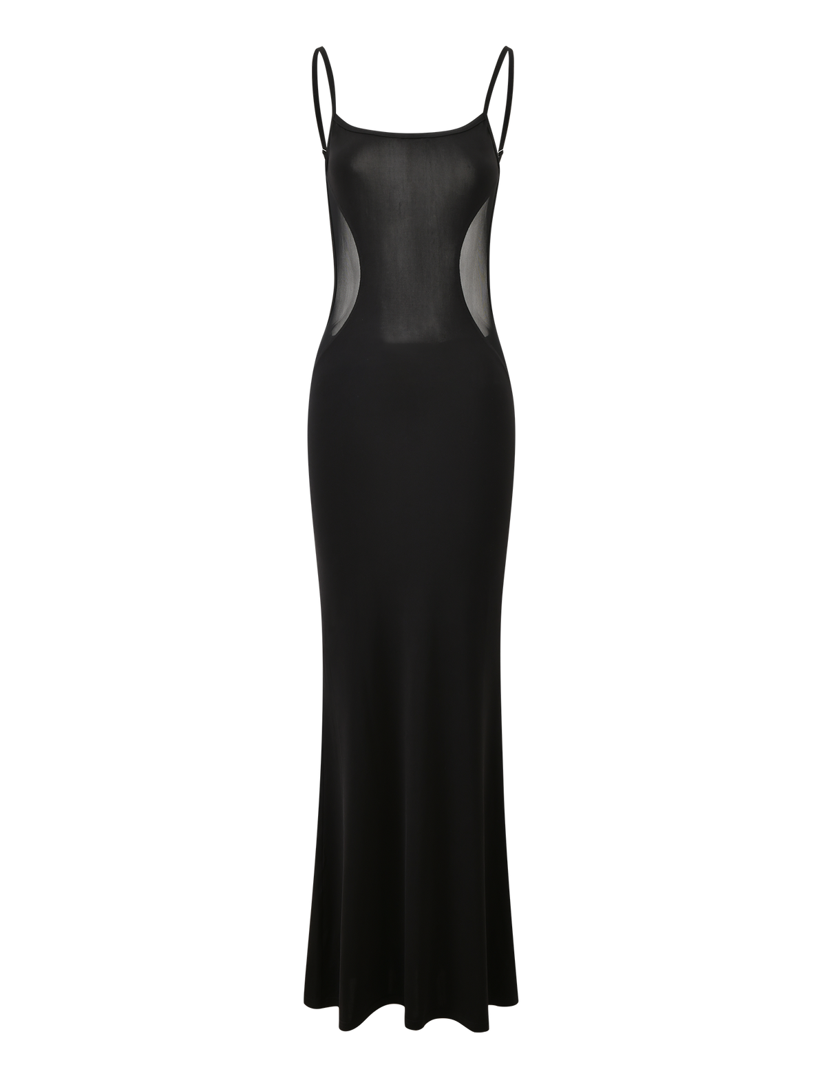 The TIGERMIST XINIA MAXI DRESS in black is a sleeveless mesh maxi dress featuring adjustable shoulder straps and sheer side panels, shown against a plain white background.