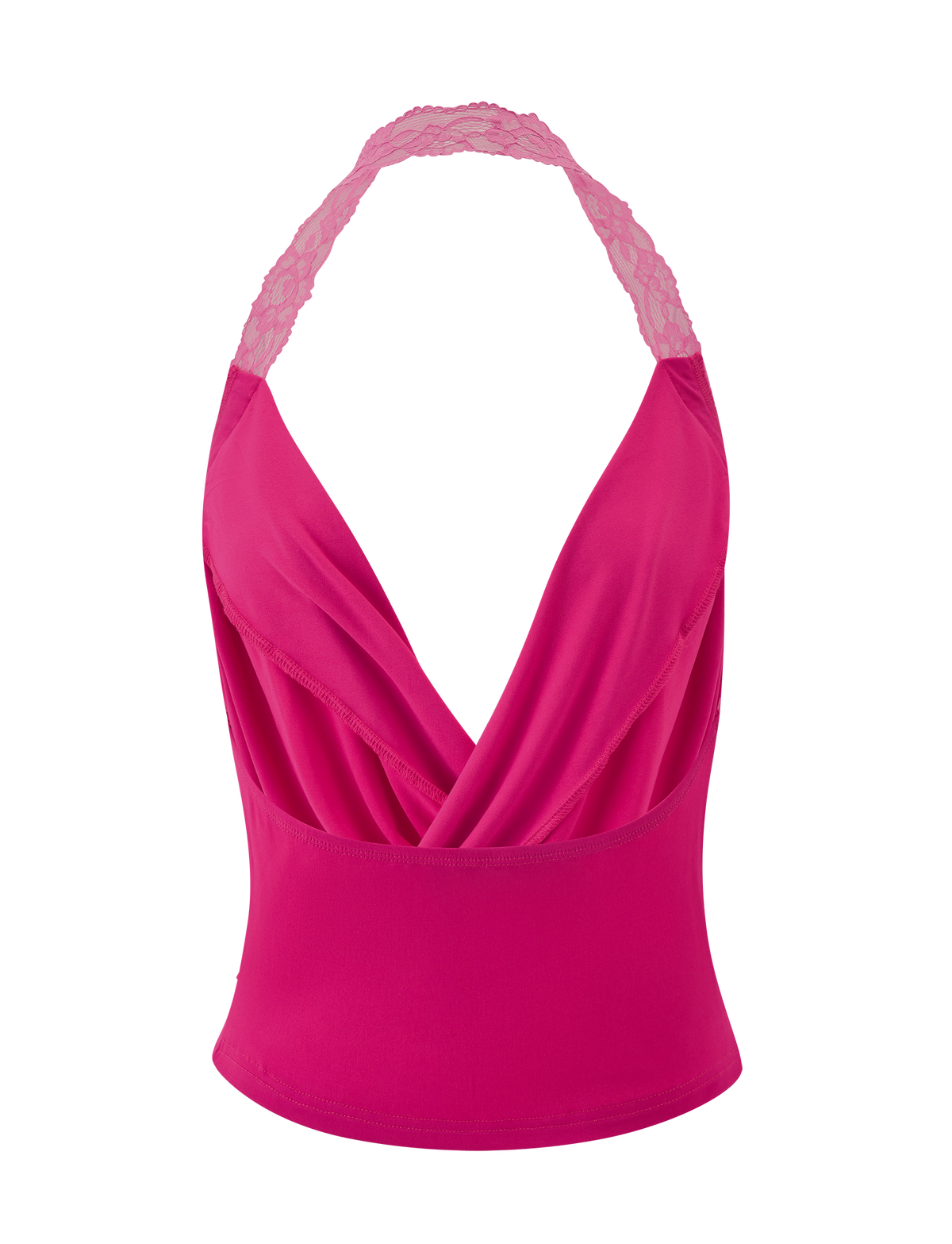 The PERSI TOP - MAGENTA by TIGERMIST features a magenta pink cowl neck, bright halter and deep V-neck, lace-detailed straps, fitted waist, draped front, shown on a plain white background.