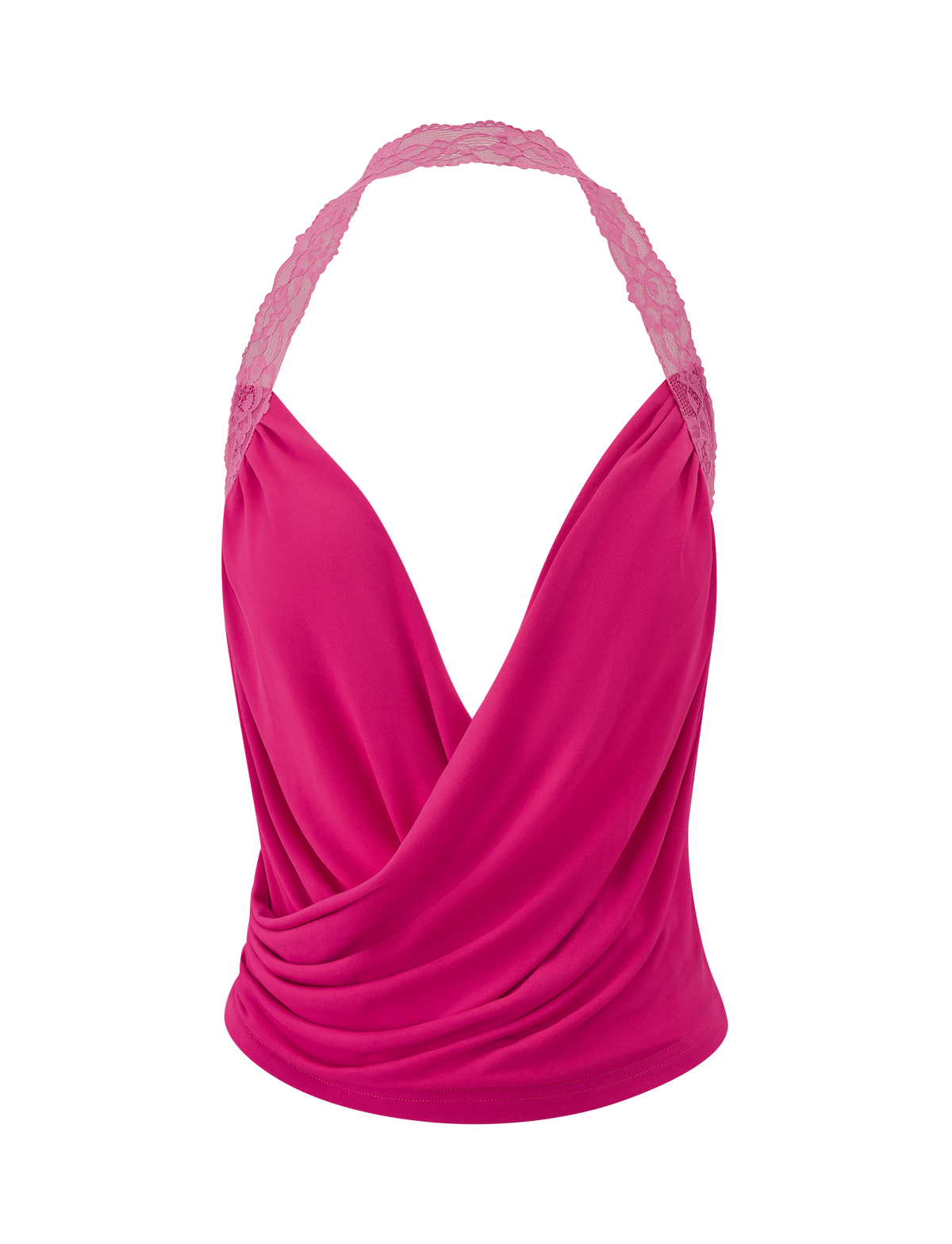 The TIGERMIST PERSI TOP in magenta features a halter neck, cowl-draped plunging neckline, and lace straps, shown against a plain white background.