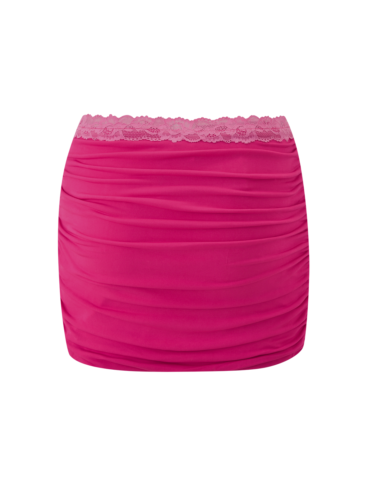 The TIGERMIST PERSI MINI SKIRT in magenta features a bodycon fit, ruched detailing, and a scalloped lace waistband trim, shown against a plain white background.