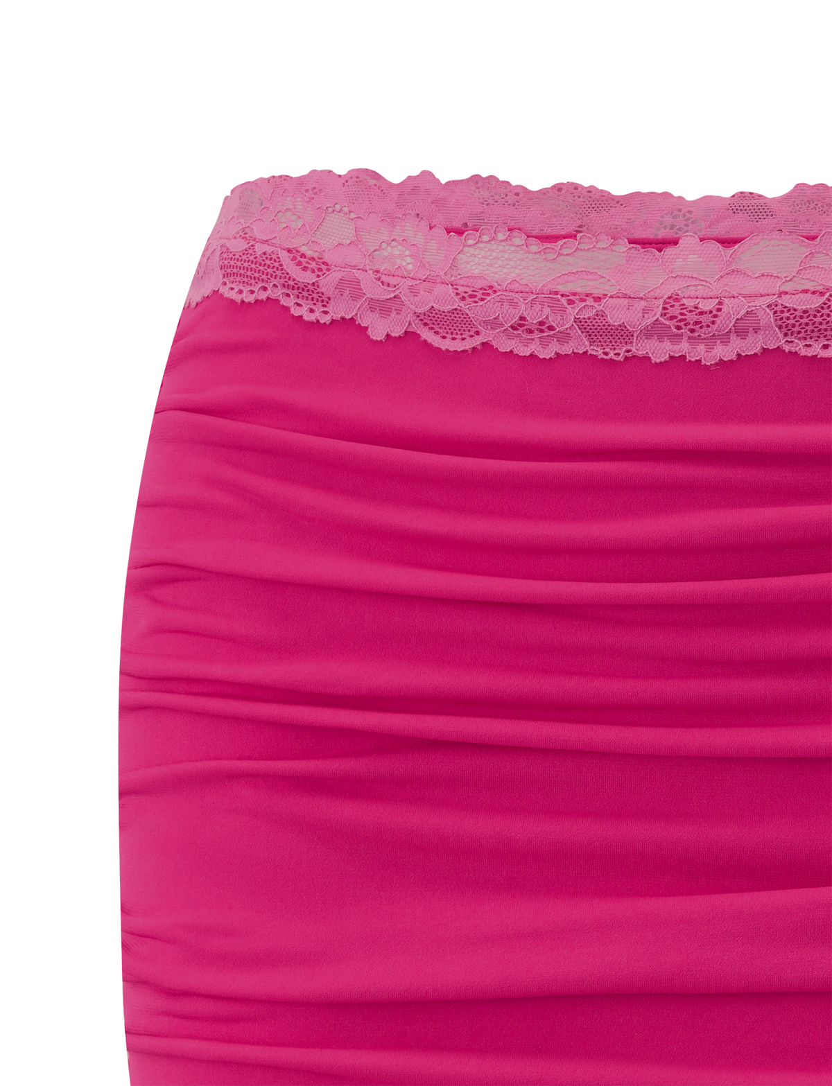 Close-up of the TIGERMIST PERSI MINI SKIRT in magenta, a ruched bodycon style with delicate lace trim at the waistband, shown against a white background.