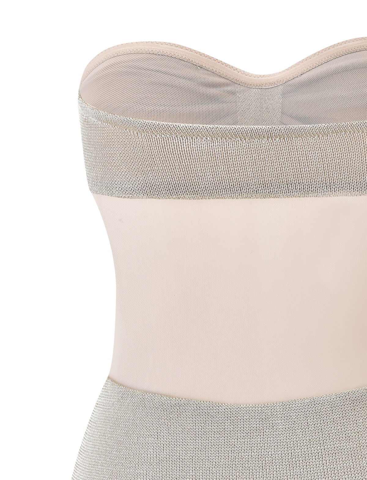Close-up of the TIGERMIST ESTE MINI DRESS in champagne, showing its strapless sweetheart neckline with a semi-sheer mesh panel and metallic knit mini dress fabric for an elegant, modern look.