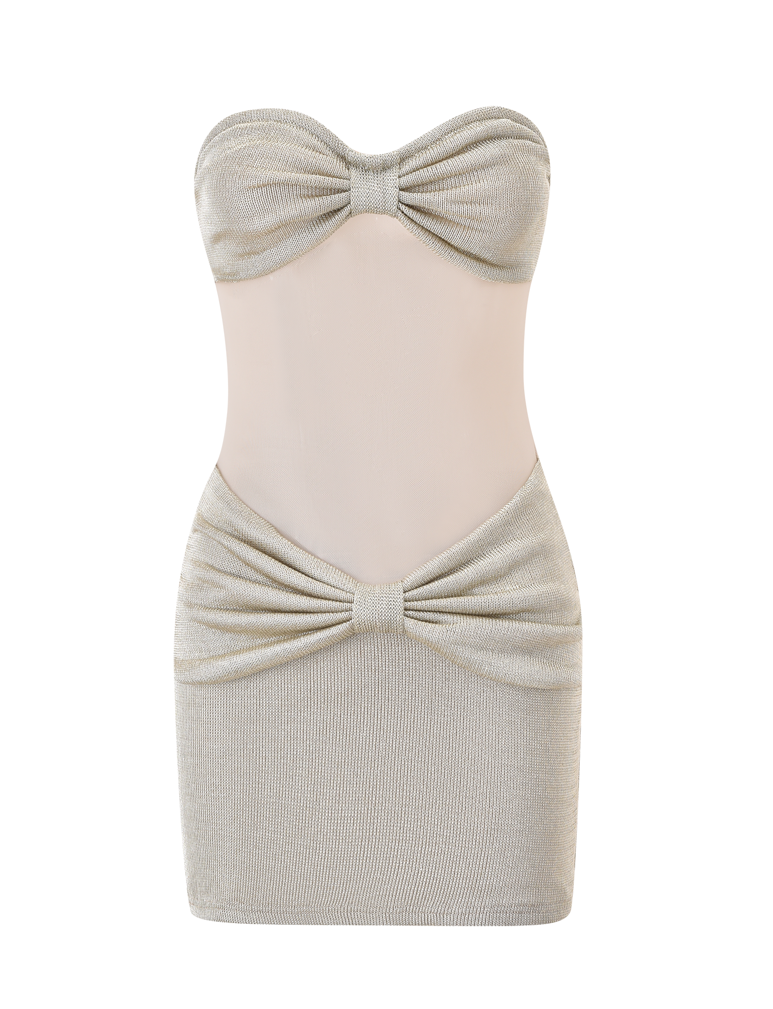 The ESTE MINI DRESS - CHAMPAGNE by TIGERMIST features a strapless sweetheart neckline, metallic knit fabric, sheer nude mesh midsection, and gathered bust and hip details for a stylish cut-out look.