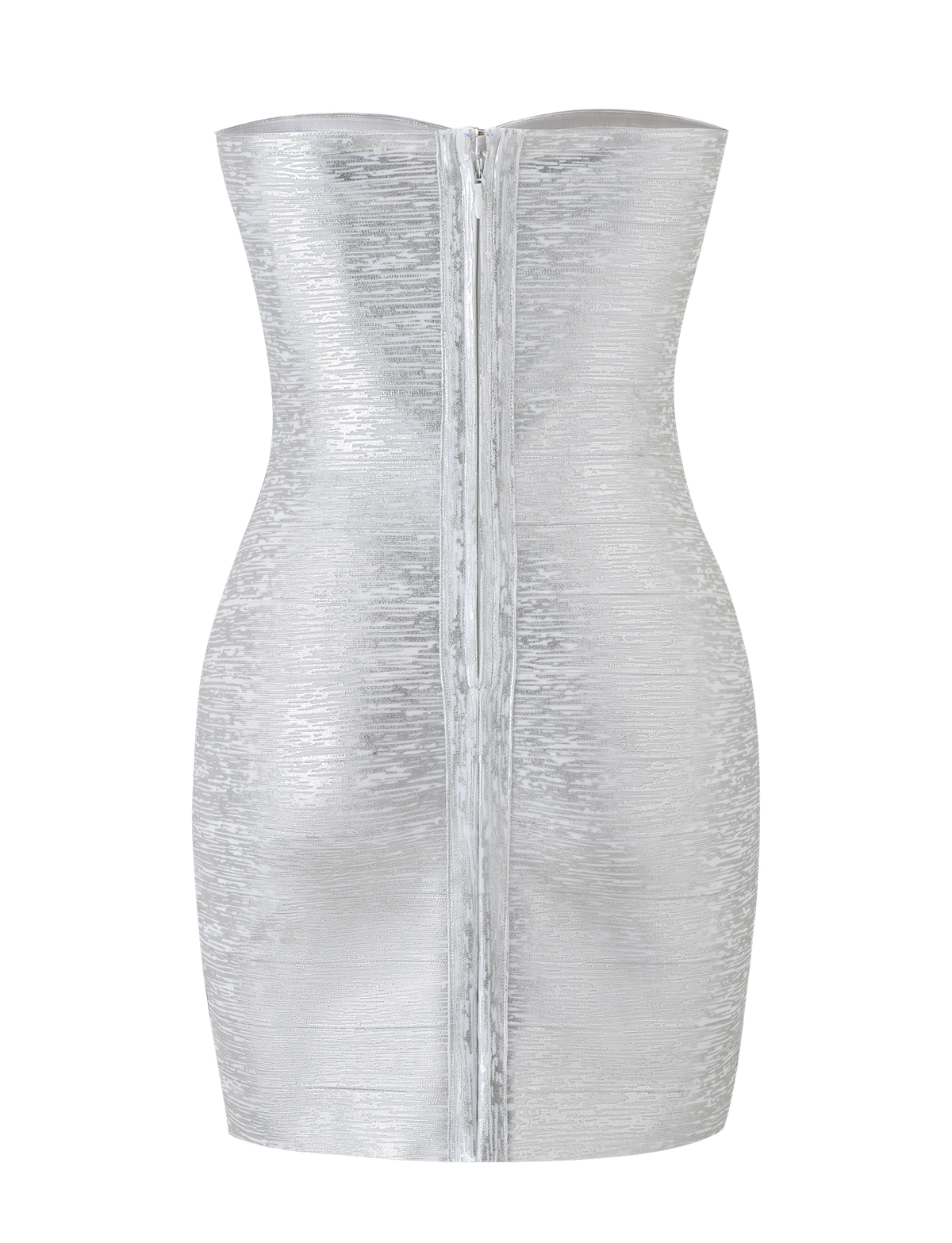 The NIYA METALLIC BANDAGE MINI DRESS – LIQUID SILVER by TIGERMIST is a strapless, metallic silver mini dress featuring a sweetheart neckline and textured, shiny fabric. A central zipper runs down the back from top to hem, highlighting the fitted, hourglass silhouette of this bodycon bandage style. The dress is displayed against a white background.