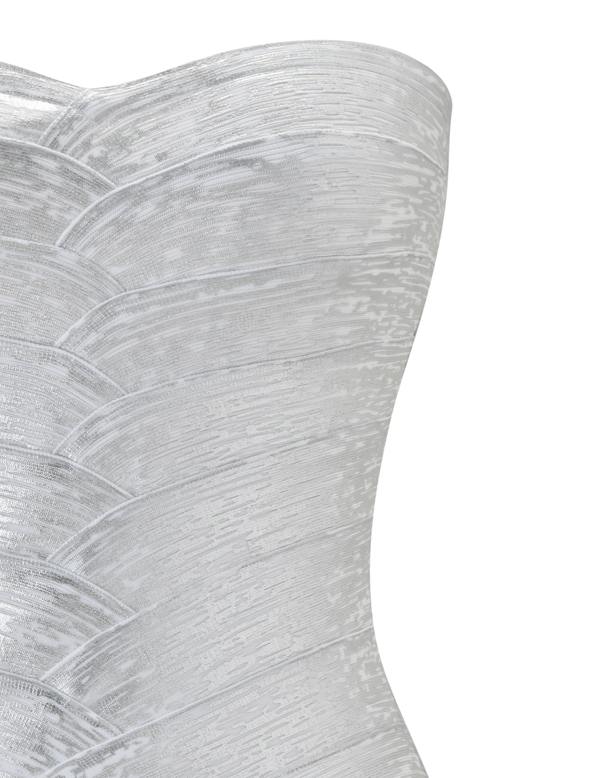 Close-up of the TIGERMIST NIYA METALLIC BANDAGE MINI DRESS in Liquid Silver, featuring textured, layered detailing and a sculpted strapless sweetheart neckline bodice, set against a plain white background.