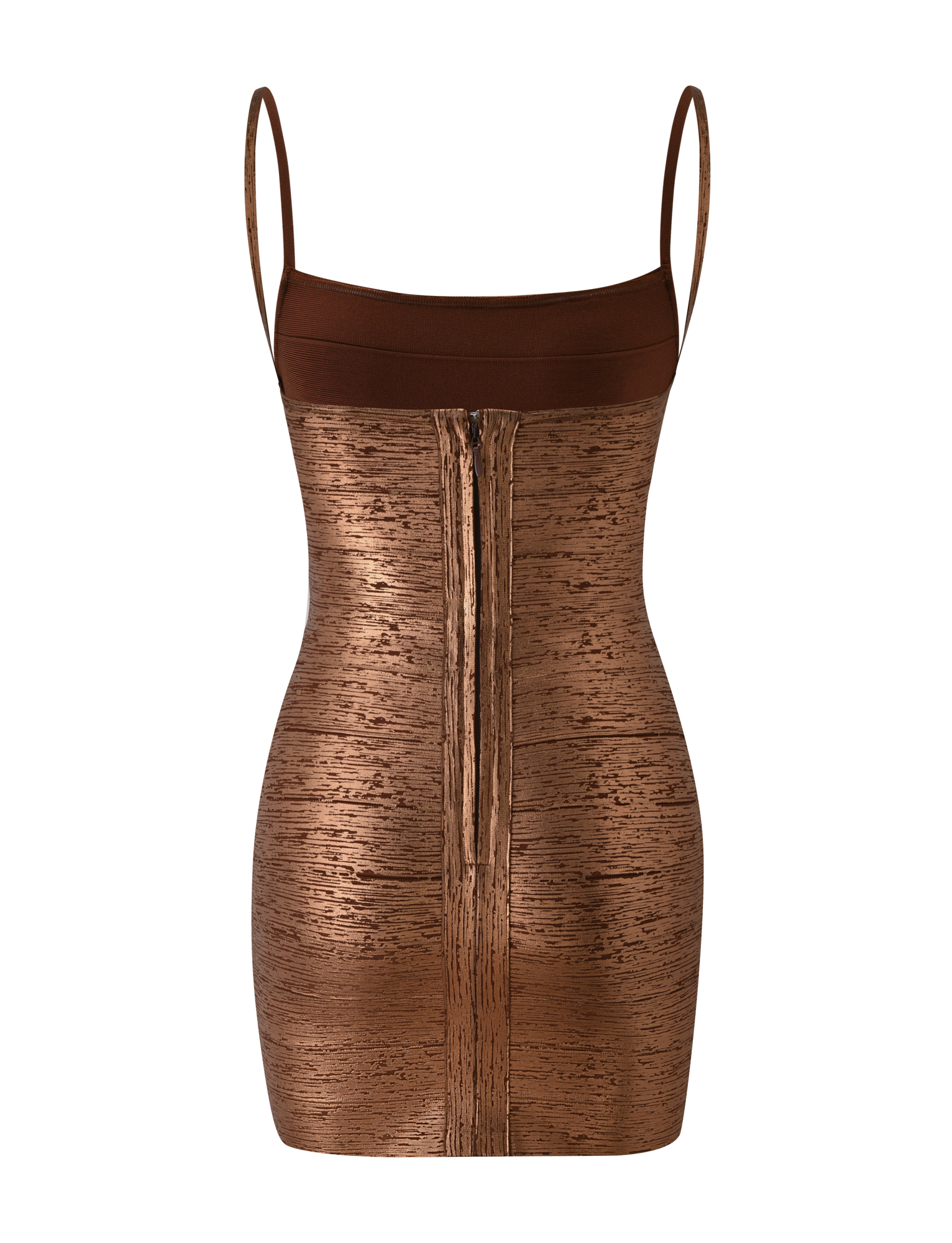 The MIDORI METALLIC MINI BANDAGE DRESS - BRONZE by TIGERMIST features a metallic bronze finish with thin spaghetti straps, a figure-hugging bodycon silhouette, and a textured, slightly reflective surface. Shown against a plain white background, this dress is the perfect choice for your next date night.