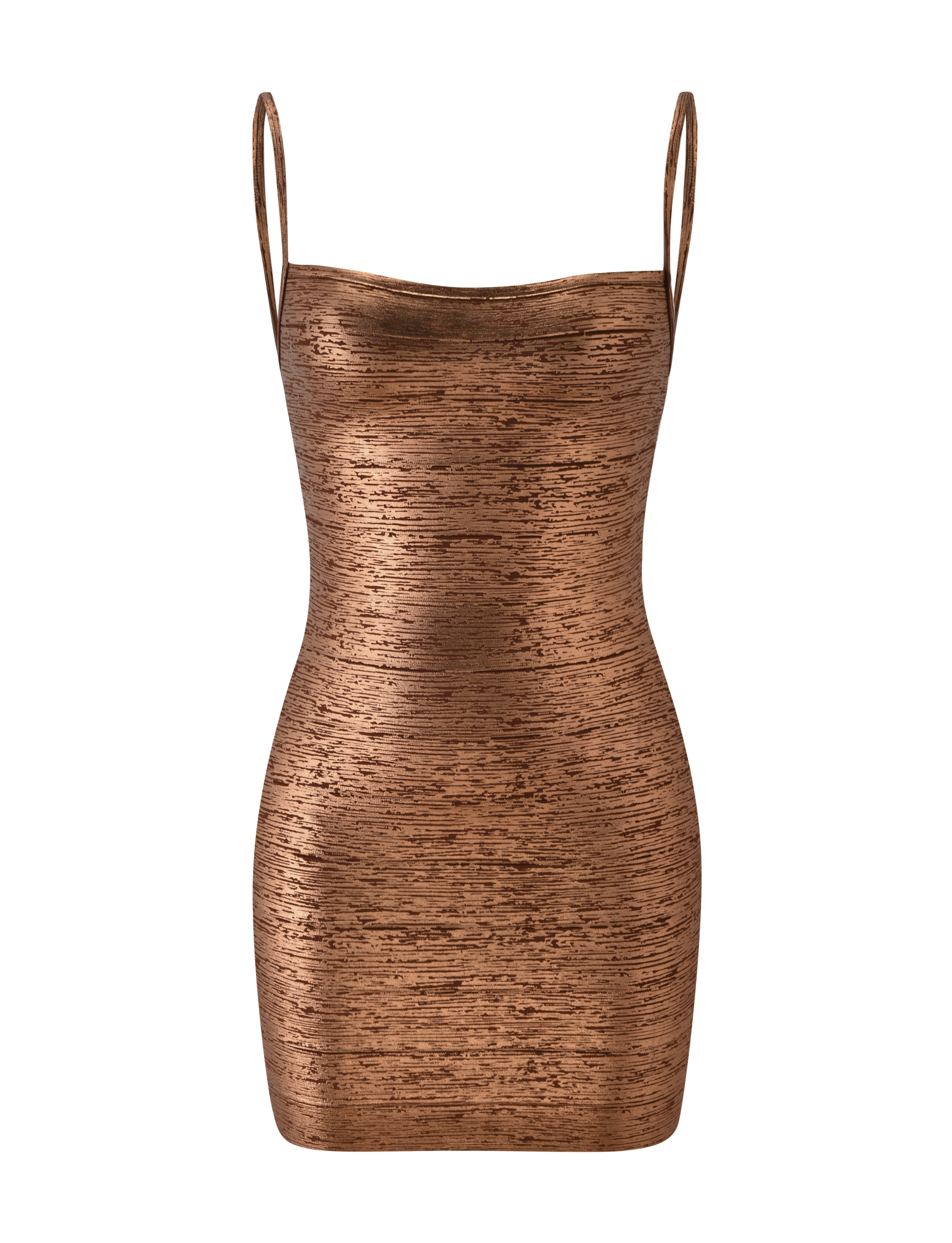 The MIDORI METALLIC MINI BANDAGE DRESS in bronze by TIGERMIST features a sleeveless, mini silhouette with thin straps and a textured, shimmering finish. Reminiscent of the iconic Midori Metallic Bandage Dress, this glamorous piece is perfect for date night and is showcased against a plain white background.