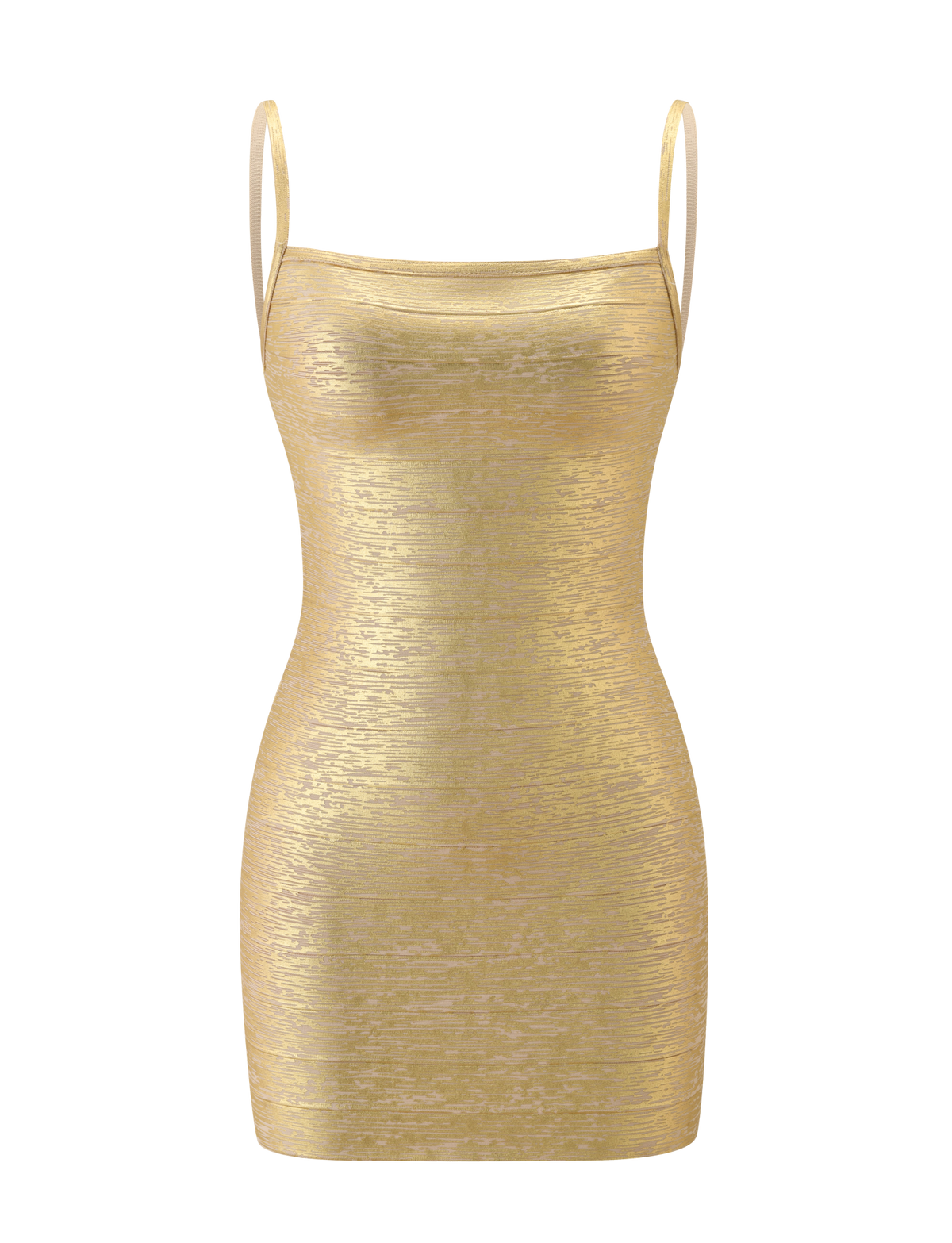 A sleeveless, form-fitting metallic gold mini dress with thin spaghetti straps—the MIDORI METALLIC BANDAGE MINI DRESS by TIGERMIST—shines in a chic silhouette, elegantly displayed on a plain white background.