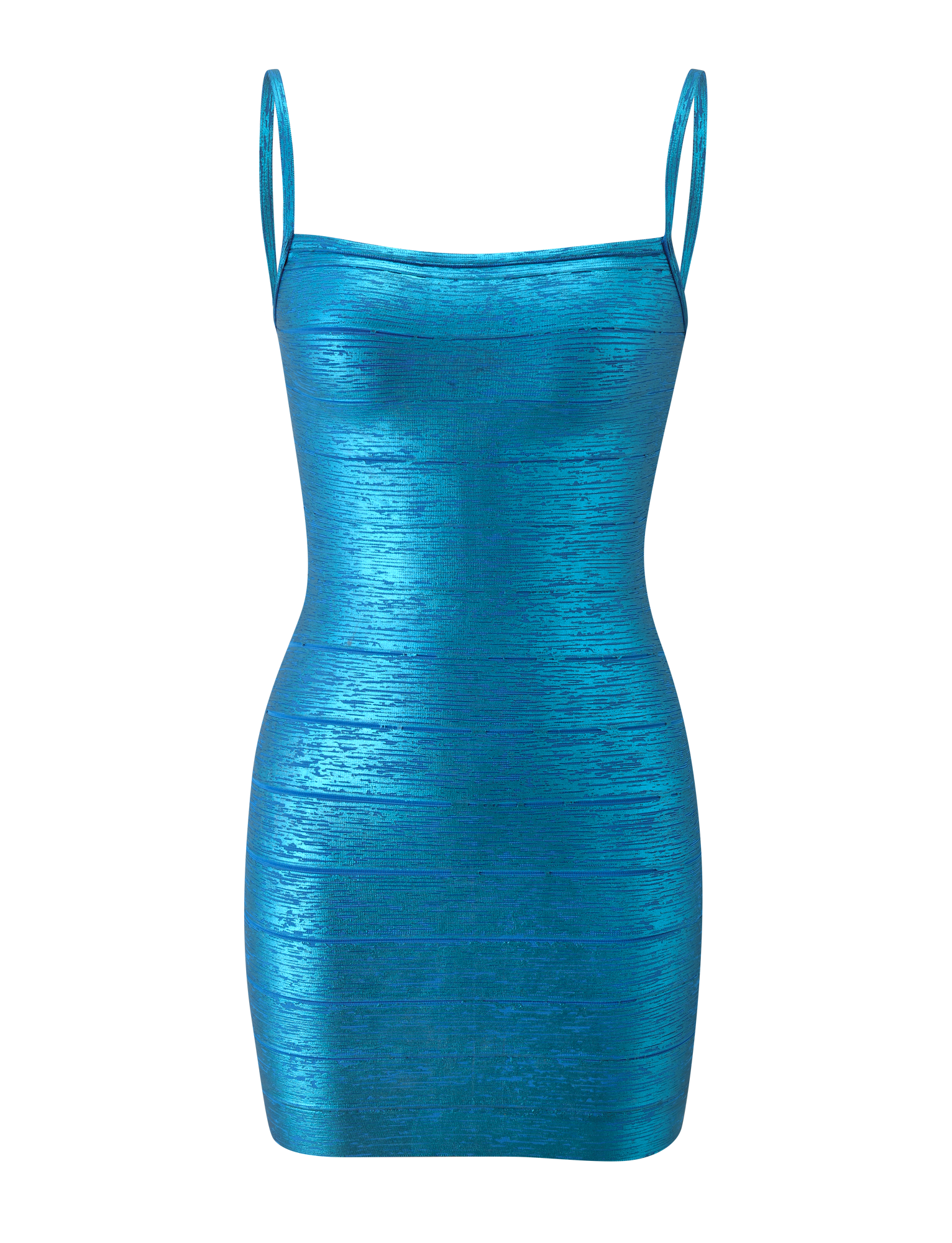 A sleeveless, metallic aqua bodycon mini dress with thin straps and a textured, shiny finish, the MIDORI METALLIC MINI BANDAGE DRESS - AQUA by TIGERMIST features a sculpting party silhouette. Shown against a plain white background, this striking bandage dress is designed to make an unforgettable statement.