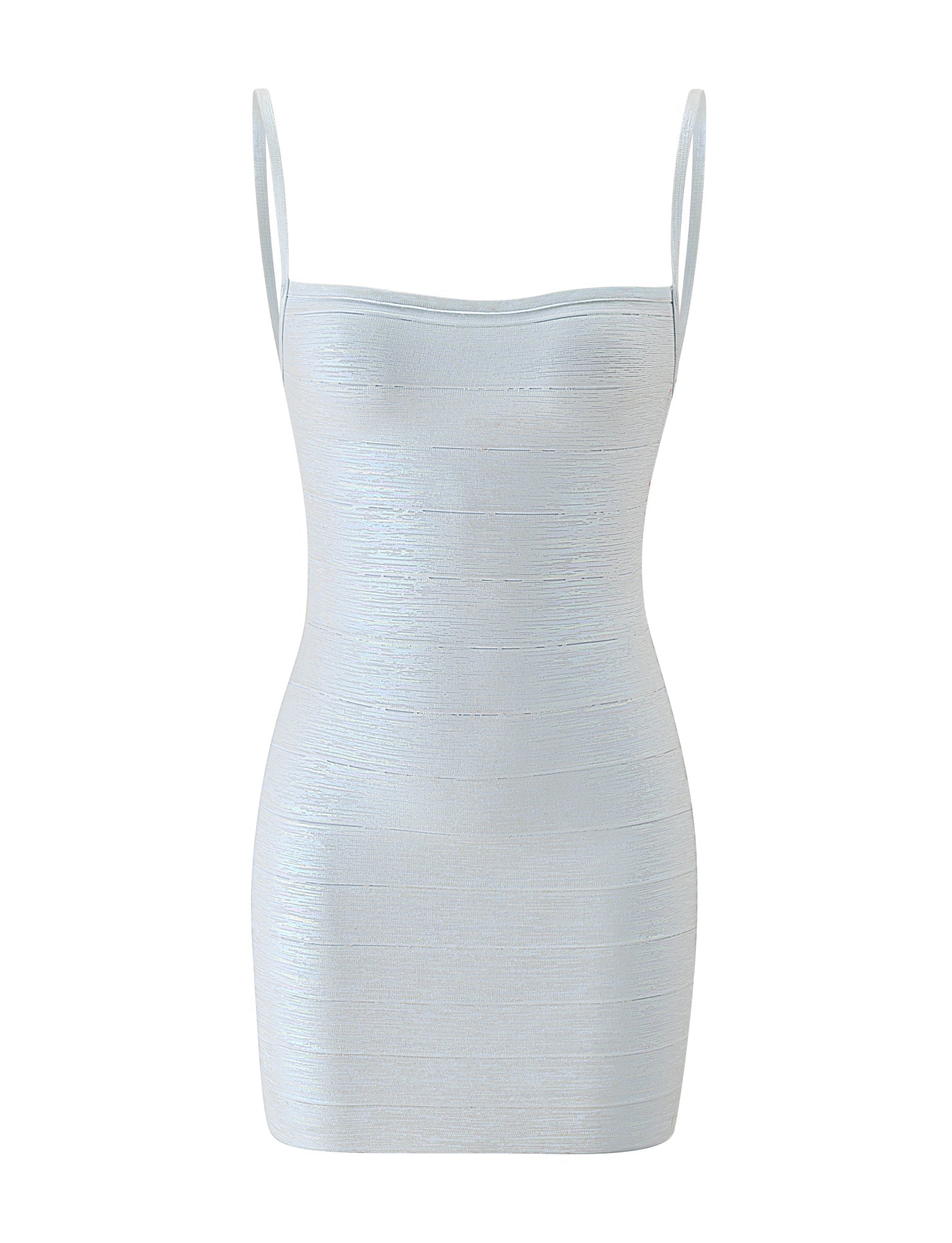 A metallic opal mini bandage dress by TIGERMIST, featuring a light blue hue, sleeveless design, thin shoulder straps, fitted silhouette, and a subtle textured pattern, displayed on a white background. The MIDORI METALLIC MINI BANDAGE DRESS - OPAL seamlessly blends elegance with modern style for any occasion.