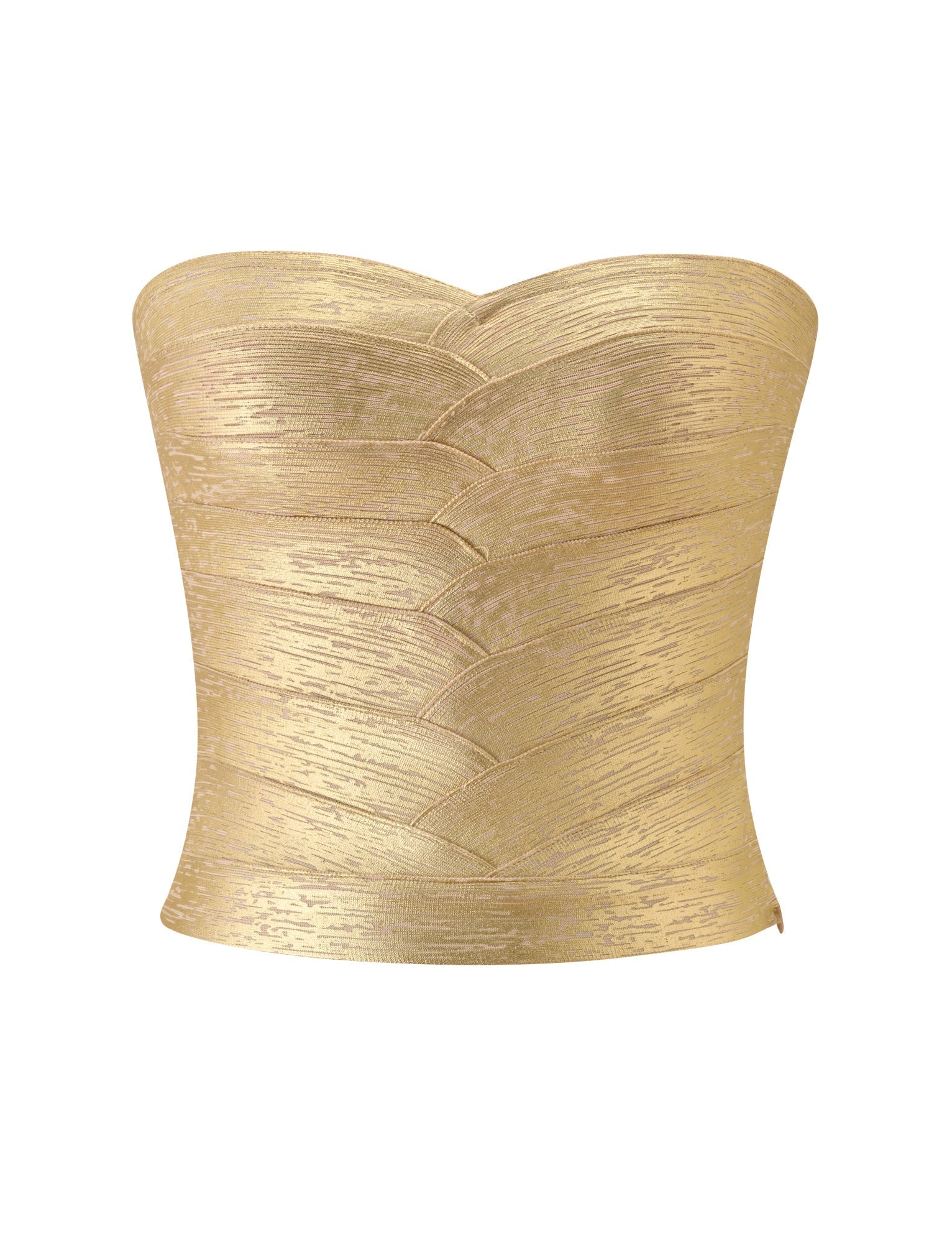 The NIYA METALLIC BANDAGE TOP - GOLD by TIGERMIST features a strapless, sweetheart neckline and a textured, overlapping bandage design. Crafted in metallic gold with horizontal ribbing and a subtle sheen, this top offers a structured and fitted silhouette.