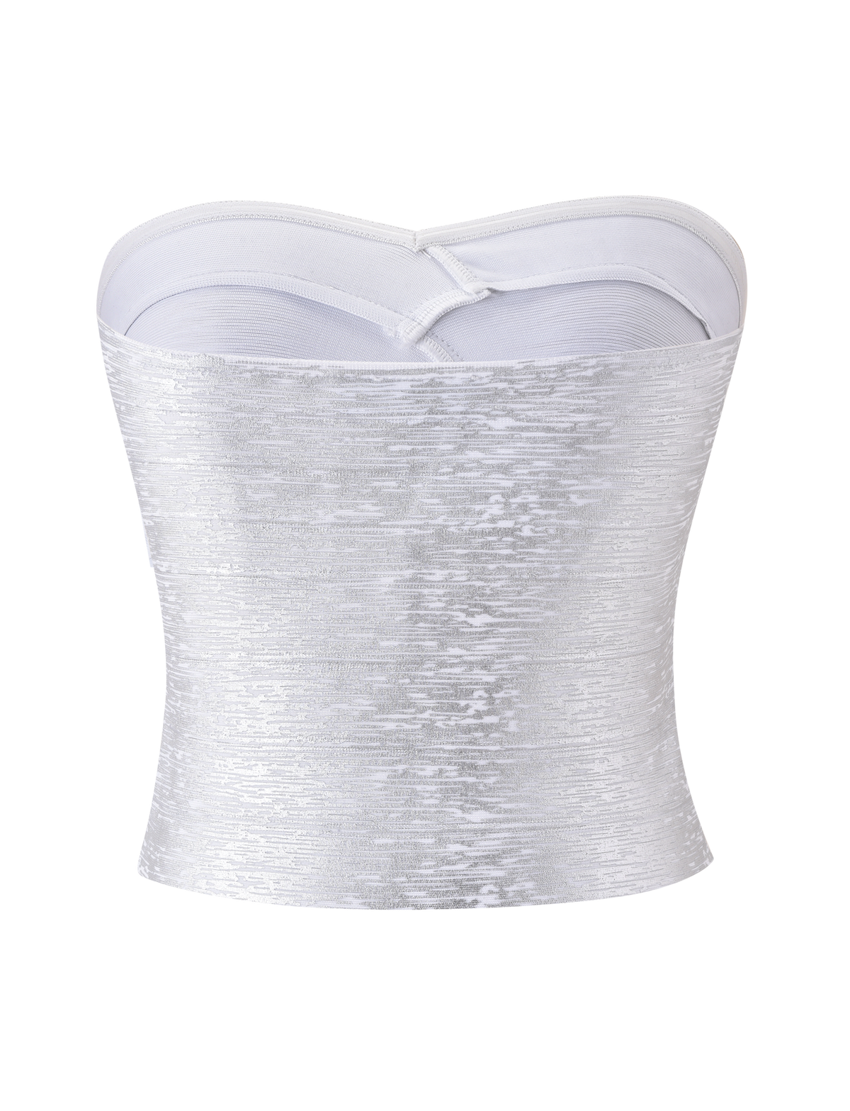 The TIGERMIST NIYA METALLIC BANDAGE TOP in Liquid Silver is a strapless, fitted corset with a subtle sheen and sweetheart neckline, showcased against a plain white background.