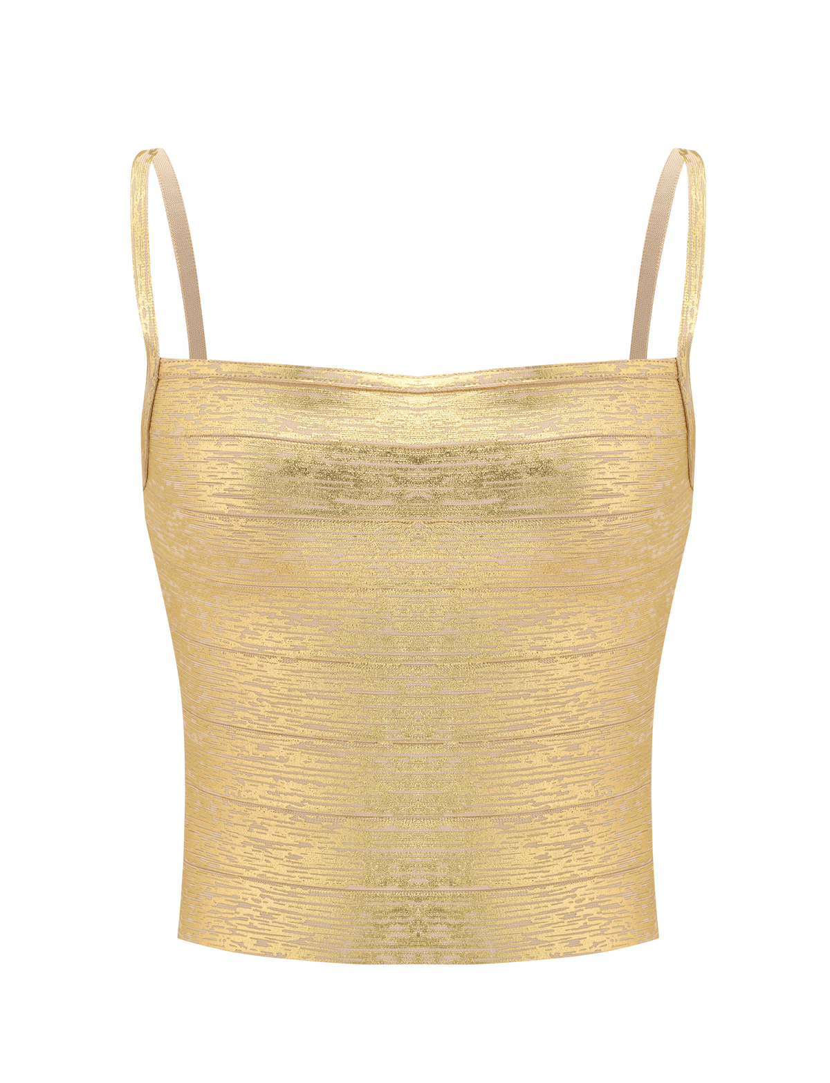 The TIGERMIST MIDORI METALLIC BANDAGE TOP - GOLD is a crop top with a square neckline and thin spaghetti straps, shown against a plain white background.