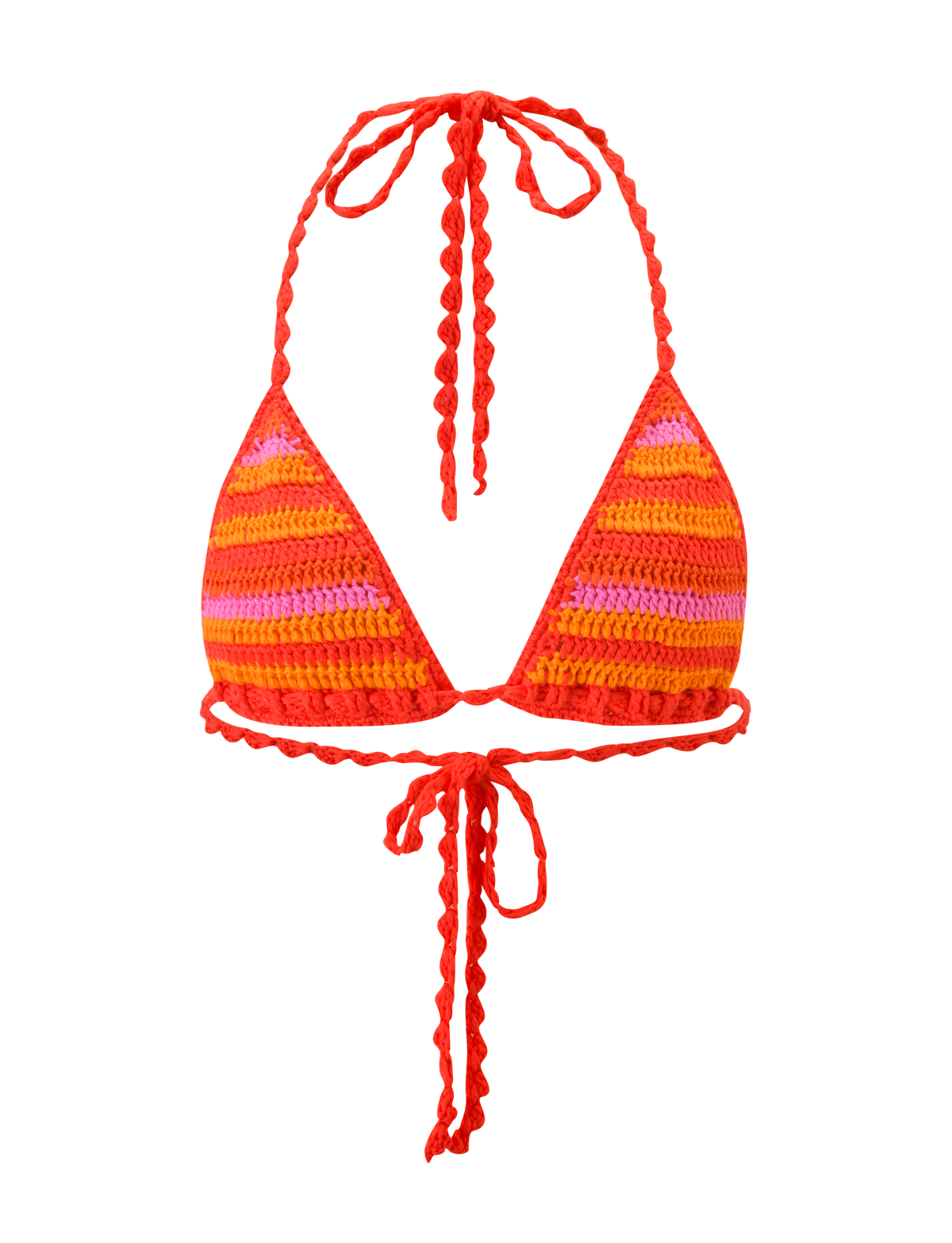 The TIGERMIST CORA BIKINI TOP 2.0 - SUNSET TROPICAL STRIPE features adjustable red, orange, and pink crochet triangle cups with braided halter neck and back ties. Displayed on a plain white background.