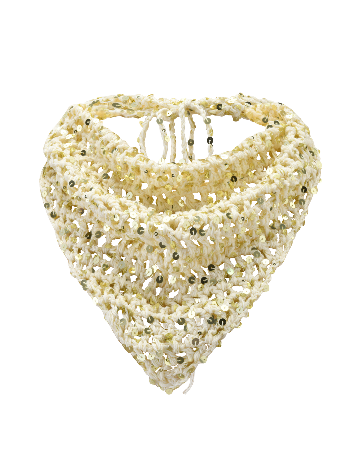 The SYLVAN CROCHET SCARF - CREAM by TIGERMIST is a hand-knitted, cream triangular scarf with a lacy pattern and green sequins, perfect as a festival accessory or stylish scarf, shown against a plain white background.