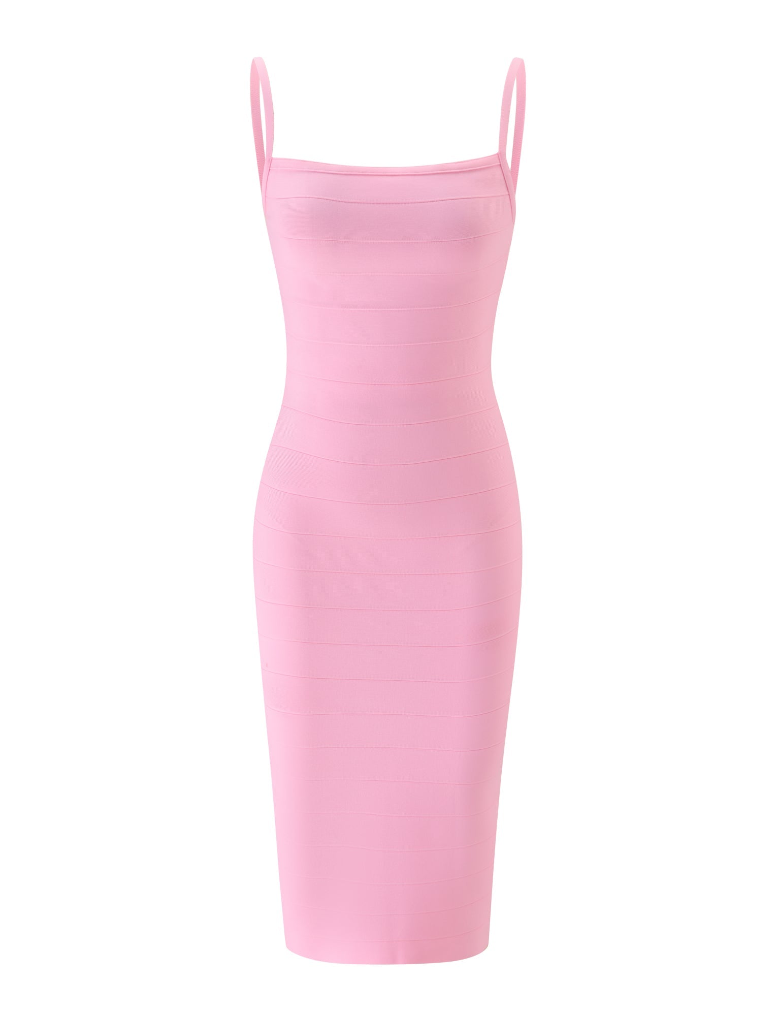 The MIDORI MIDI BANDAGE DRESS - BABY PINK by TIGERMIST is a sleeveless midi dress with thin shoulder straps, designed with a sculpted fit and smooth, seamless texture for an elegant silhouette. The dress is displayed on a white background.