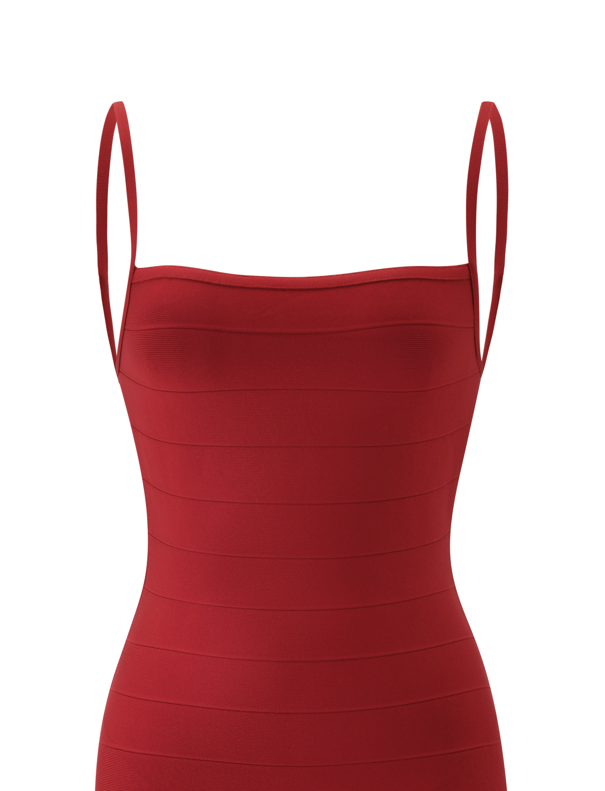 The TIGERMIST MIDORI BANDAGE MIDI DRESS in cherry is a chic bodycon midi dress, designed with thin shoulder straps, a bandeau neckline, and horizontal seam detailing, showcased against a white background.