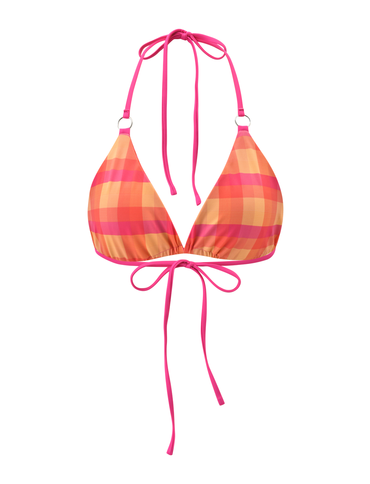 The TIGERMIST AYANNA REVERSIBLE BIKINI TOP - GINGHAM AND RESORT PLAID features pink, orange, and yellow checks with pink halter neck and back ties. This plaid bikini top is shown on a white background.
