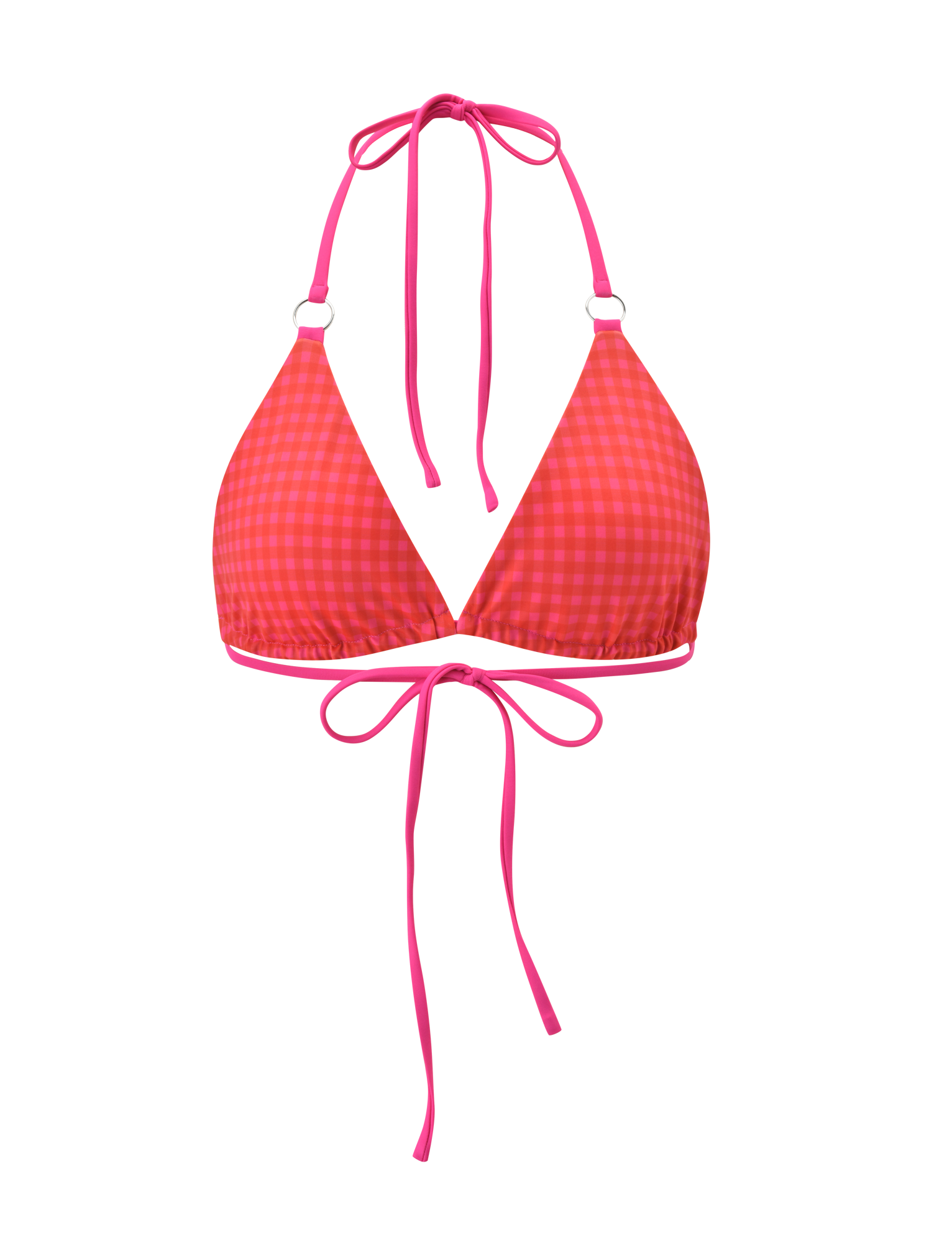 The TIGERMIST AYANNA REVERSIBLE BIKINI TOP in gingham and resort plaid features a halter neck and back ties, shown on a plain white background. This versatile top is perfect for mixing and matching with your swimwear.